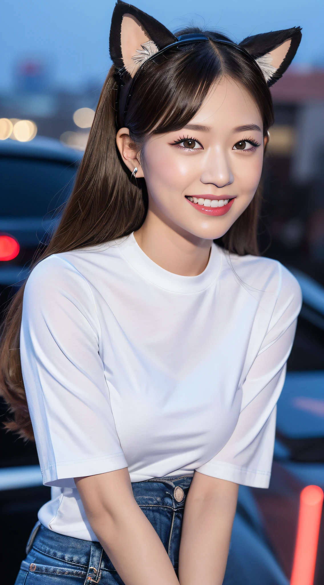 ((Midnight, Acura, 8K, Masterpiece:1.3)), Full body, Long legs, Focal length: 1.2, Perfect Body Beauty: 1.4, Slim Abs: 1.1, ((Dark Brown Hair, Big Breasts: 1.2 )), (White Skinny T-shirt, Denim Biggies, Standing: 1.2), ((City Night View, Roof: 1.3)), Highly detailed face and skin texture, Fine eyes, Double eyelids, Black hair, hair bobbles, Wince, longeyelashes, solid circle eyes, fake animal ears, light smile, ear blush, fang, Surrealism, drop shadow, anaglyph, stereogram, tachi-e, pov, atmospheric perspective, wide shot, panorama, 8k, super detail, ccurate, best quality