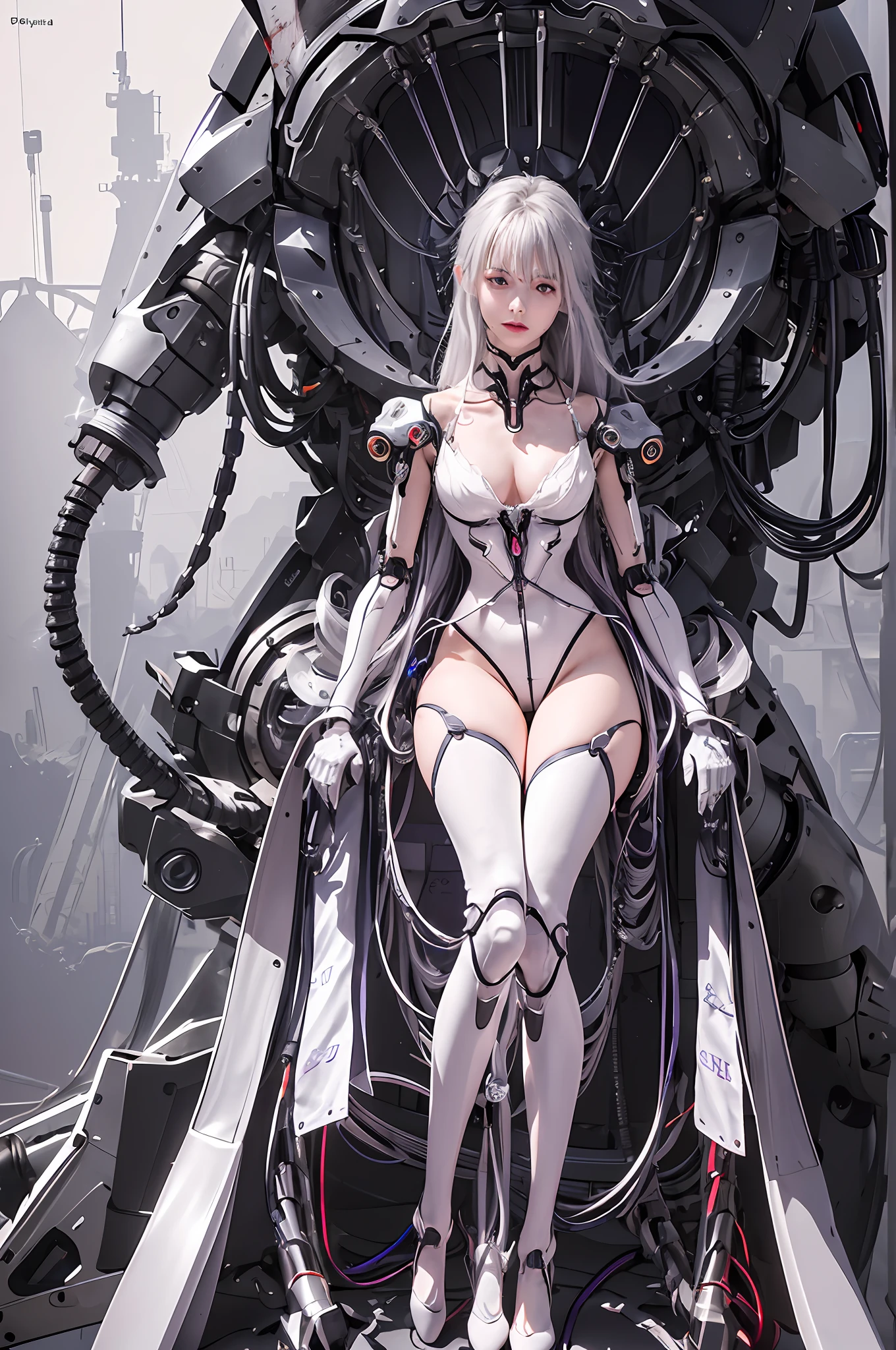 (((Masterpiece)))), (((highest quality)))), ((Ultra Definition)), (Very Detailed Photoreality), ((Very Delicate and Beautiful)), (Delicate and Pretty Face), Cinematic Light, (((1 Girl)), Solo, Full Body, Big, Cleavage Is Visible Skin, White Hair, Purple Eyes, Glowing Eyes, Thighs Exposed Skin, (Mechanical Joints: 1.4), (Mechanical Limbs)), ( blood vessels connected to tubes), (((vertebrae of machines attached to the back)), ((cervical vertebrae of machines) attached to the neck)), (((sitting)), expressionless, (wires and cables attached to the head and body: 1.5), (character focus), small LED lamps on the body, Evangelion, SF, metal, metallic body, detailed neon, hydraulic cylinder