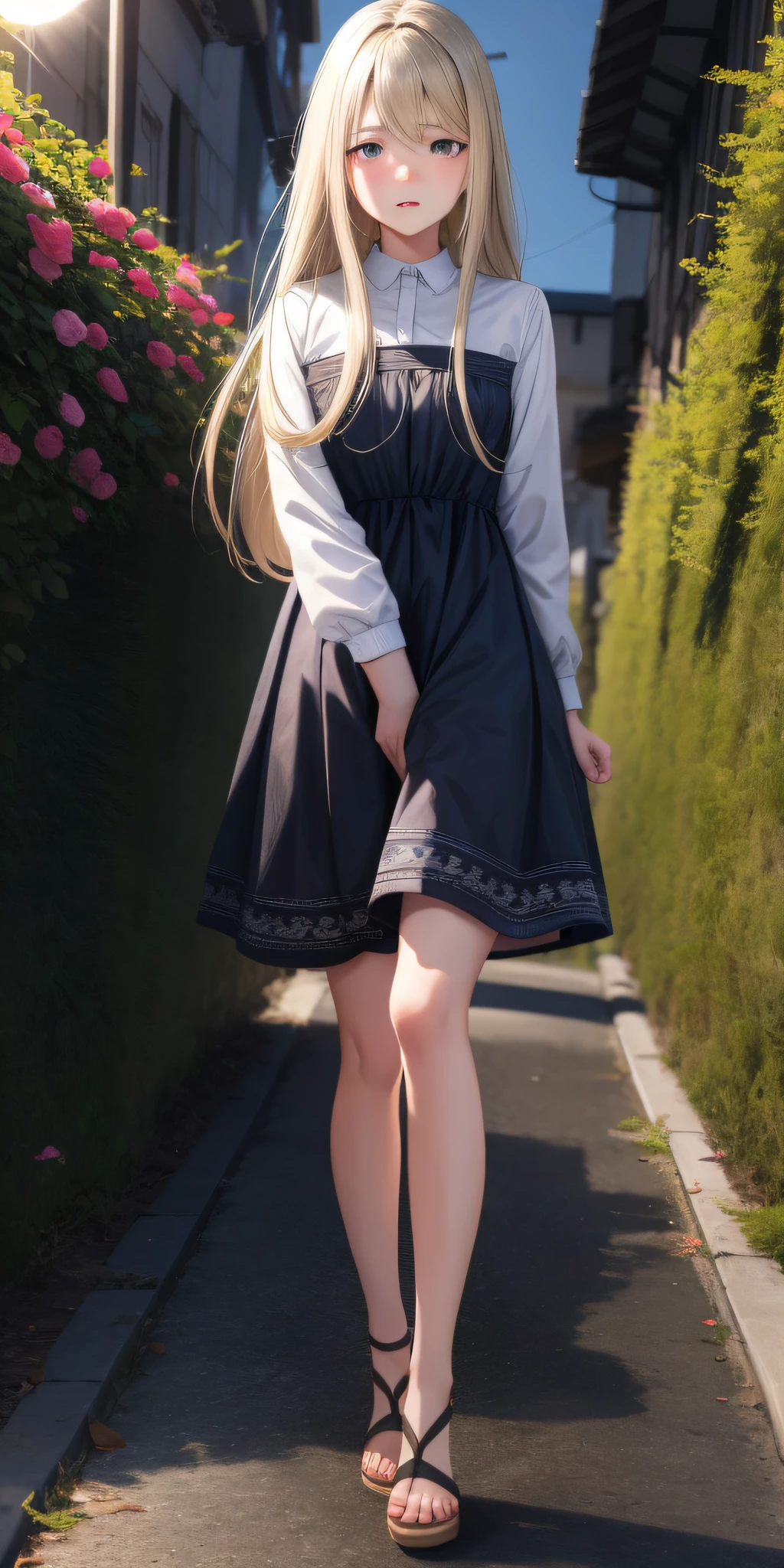 realistic, 1girl, 1 girl with long hair and dress, 1 girl is going to the toilet, look away, standing, embarrassed, blush, shut up, street, parted lips, blush, night, flowers, sun, sunlight,