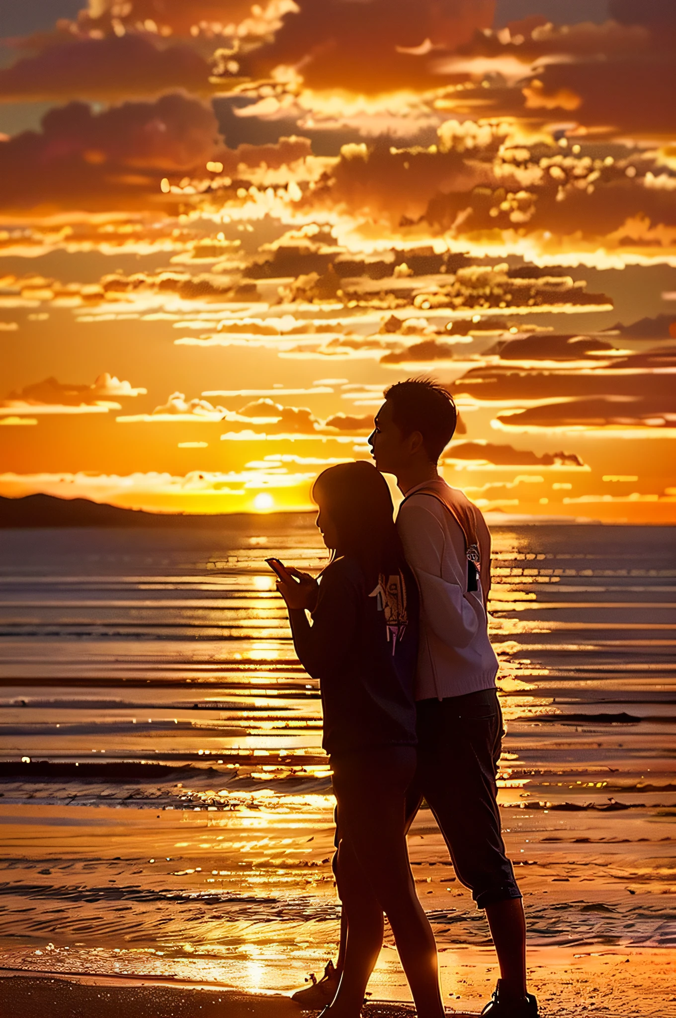 they are walking along the beach at sunset with their cell phones, couple, romantic couple, at the sunset, at golden hour, calm feeling, at the golden hour, taken at golden hour, wonderful scene, warm glow, romantic, sun setting, in the evening, golden glow, with sunset, romantic!!!, serene emotion, in the sunset, morning golden hour