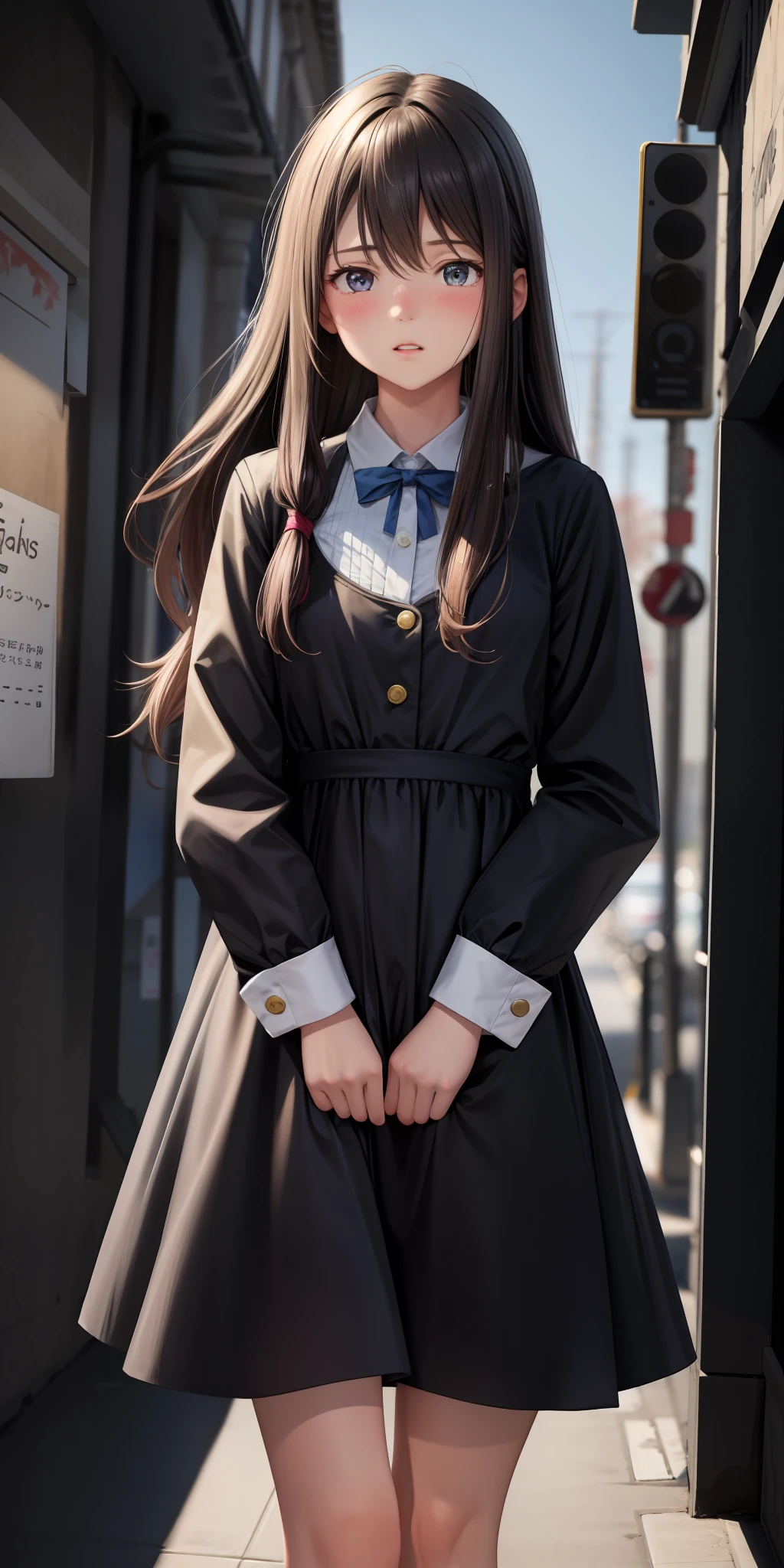 realistic, 1girl, 1 girl with long hair and dress, 1 girl is going to the toilet, look away, standing, embarrassed, blush, shut up, street, parted lips, blush, night, flowers, sun, sunlight,