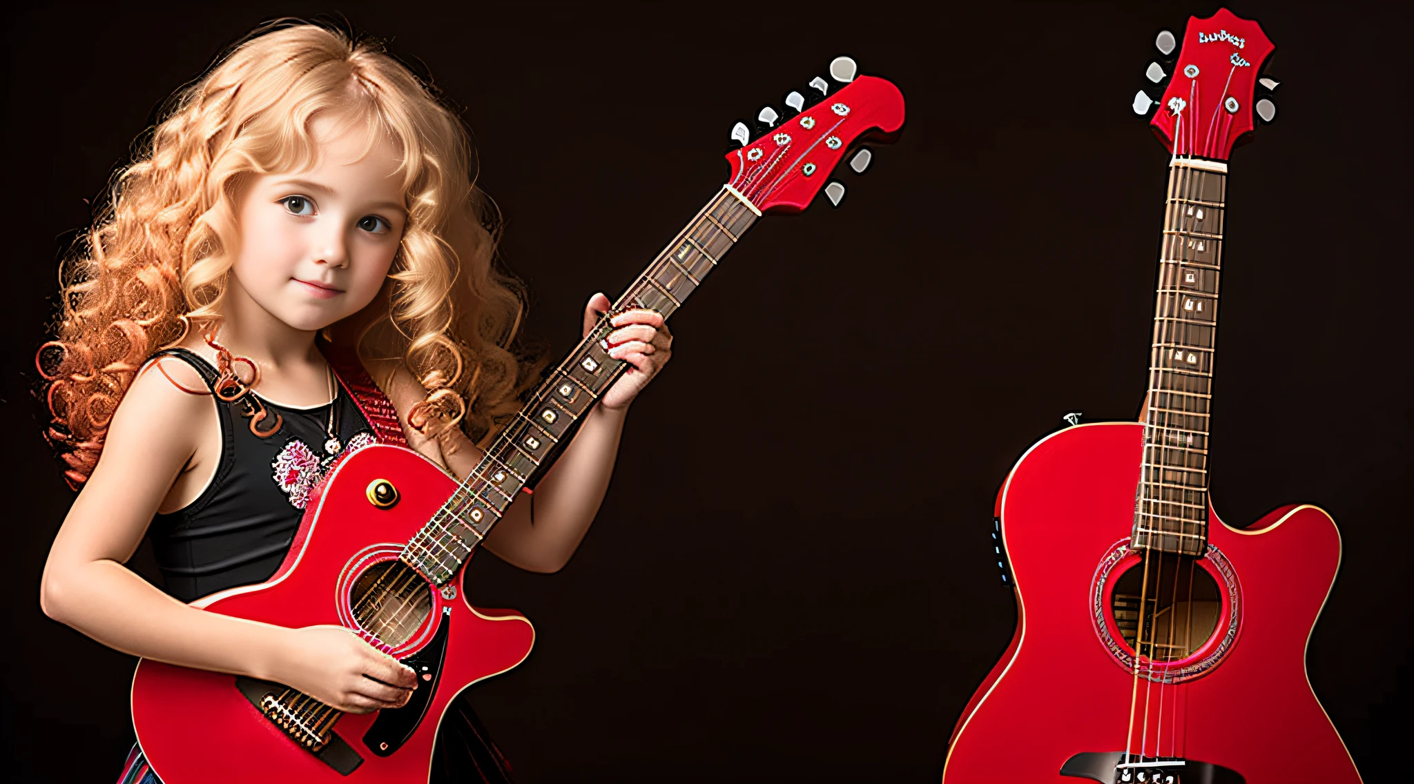 CHILD girl with BIG BLONDE hair holding a guitar and a red glass, elegant, taken in early 2020, profile picture, profile picture, with curly red hair.