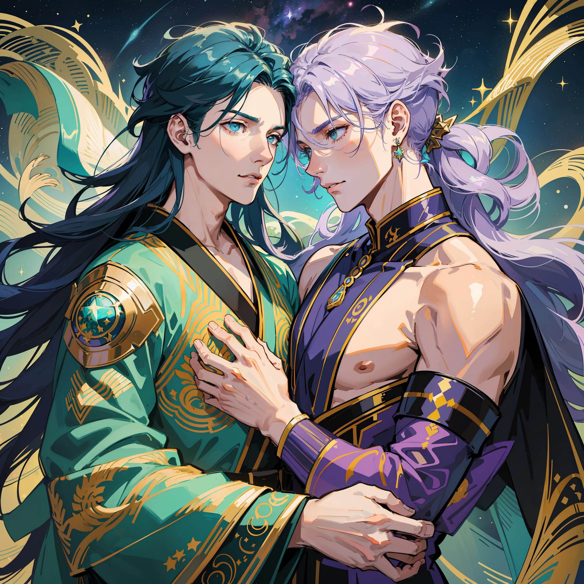 BL, two handsome people, two boys, turquoise long hair boys and lavender short hair boys, masculine features, masculine bodies, muscular boys, star ornaments, space ornaments, beautiful, beautiful, colorful, fantasy, fantastic, mixed medieval european aristocratic clothes and kimono, luxurious costumes, cuddling figures, starry sky, constellations, two people floating in the air, fantastic sky