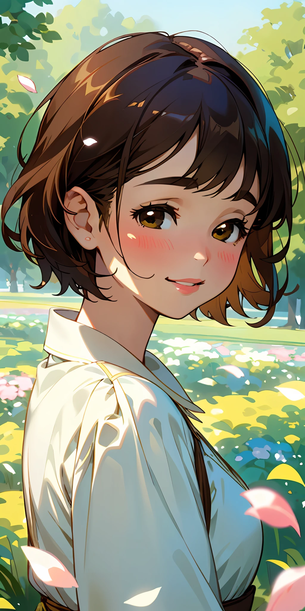 (top quality, masterpiece, super realistic), one beautiful delicate portrait of a girl with short hair, brown hair, smile, plump lips, soft and peaceful expression, squinting eyes full of joy, the background landscape is a garden with petals and papa flying around. --v6