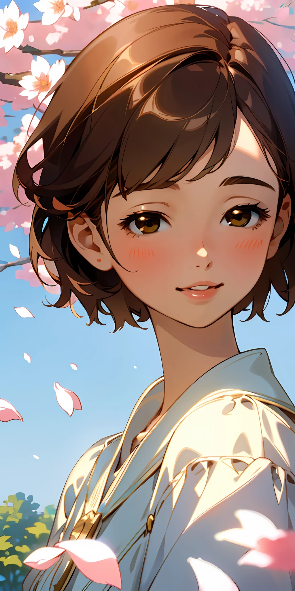 (top quality, masterpiece, super realistic), one beautiful delicate portrait of a girl with short hair, brown hair, smile, plump lips, soft and peaceful expression, squinting eyes full of joy, the background landscape is a garden with petals and papa flying around. --v6