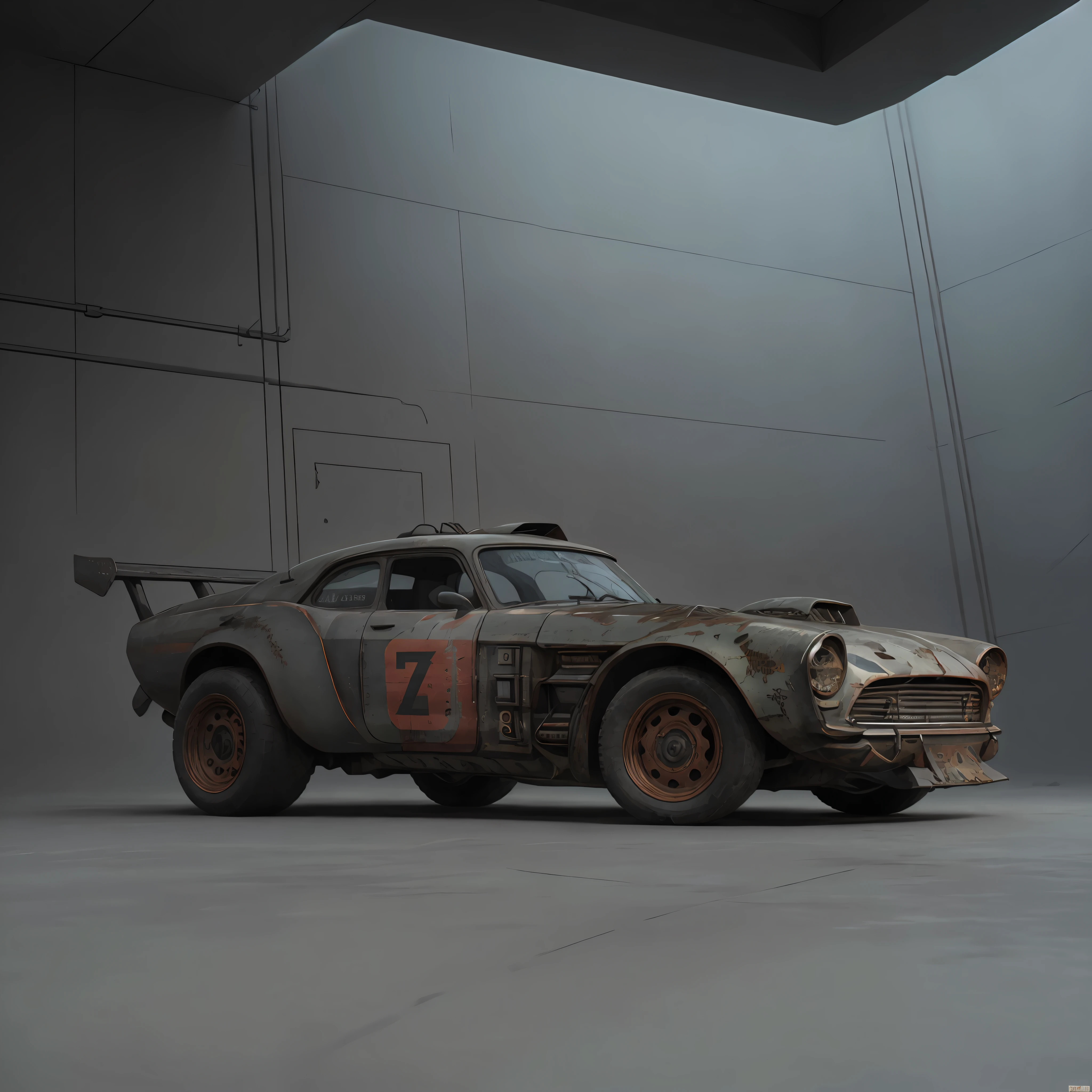 a photo of a rusty tslas (zeekars), 3/4 front view, survival, post-apocalyptic, cyberpunk, outdoors, night, destruction, urban decay, masterpiece, photorealistic, 8k, high detail, dark theme,dark green