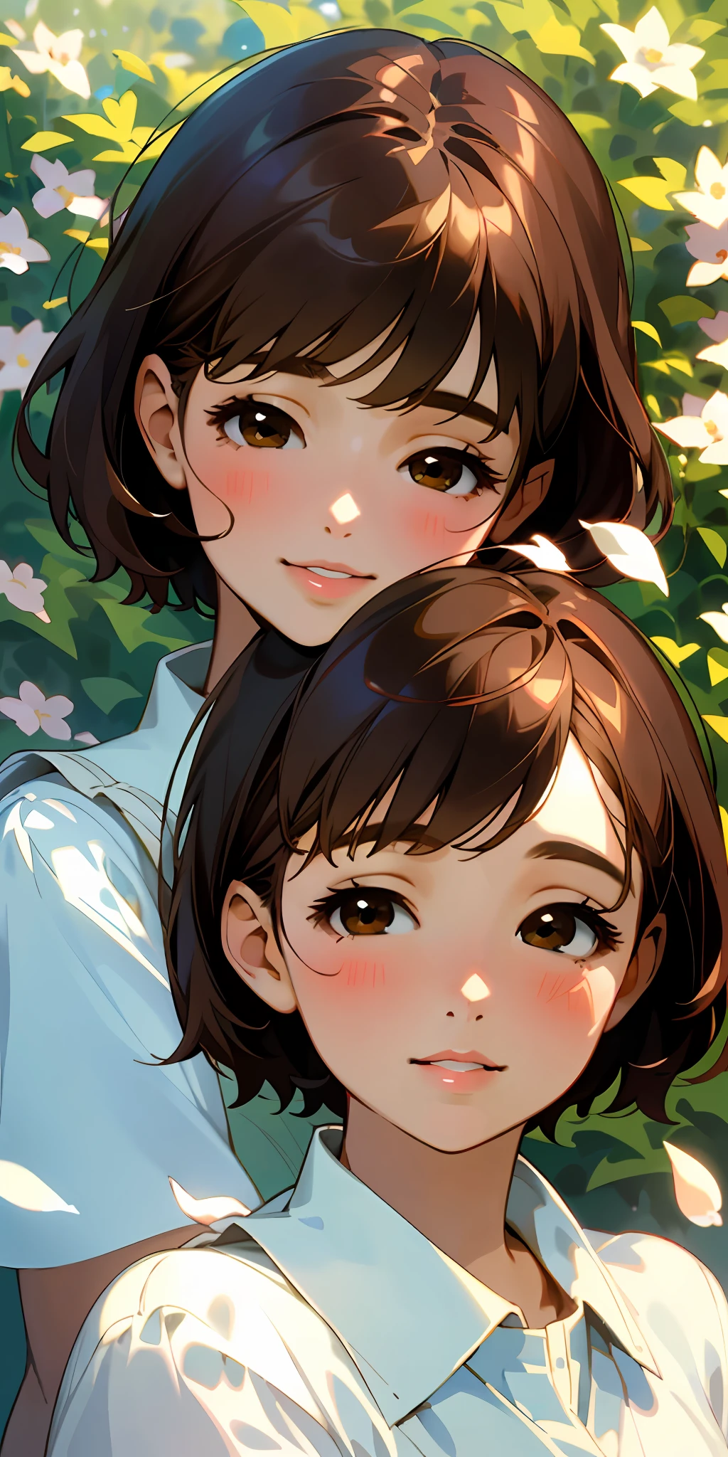 (top quality, masterpiece, super realistic), one beautiful delicate portrait of a girl with short hair, brown hair, smile, plump lips, soft and peaceful expression, squinting eyes full of joy, the background landscape is a garden with petals and papa flying around. --v6