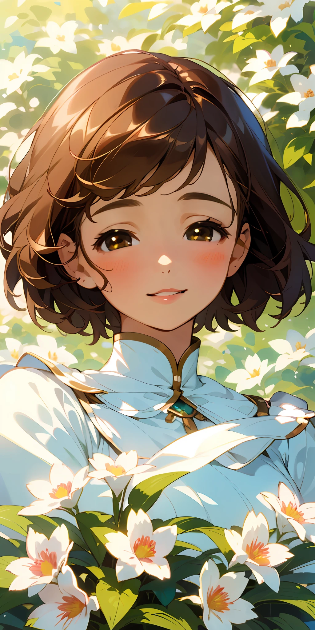 (top quality, masterpiece, super realistic), one beautiful delicate portrait of a girl with short hair, brown hair, smile, plump lips, soft and peaceful expression, squinting eyes full of joy, the background landscape is a garden with petals and papa flying around. --v6