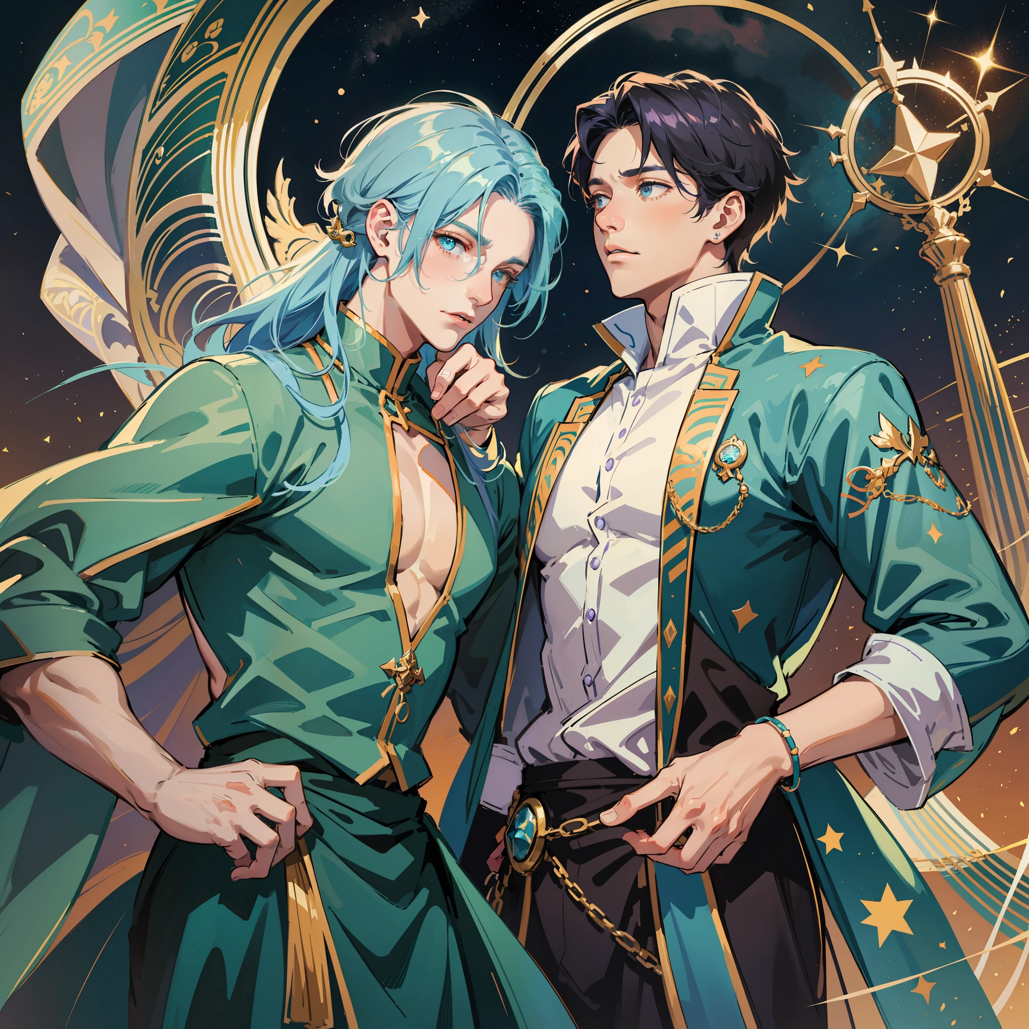 BL, two handsome, two boys, turquoise long haired boys and lavender short-haired boys, masculine features, masculine bodies, muscular boys, pectoralis major, star hair ornaments, star ornaments, space ornaments, beautiful, beautiful, colorful, fantasy, fantastic, mixture of medieval European aristocratic clothes and Japanese clothes, luxurious costumes, cuddling figures, sky with shining stars, constellations, Two people floating in the air, fantastic sky