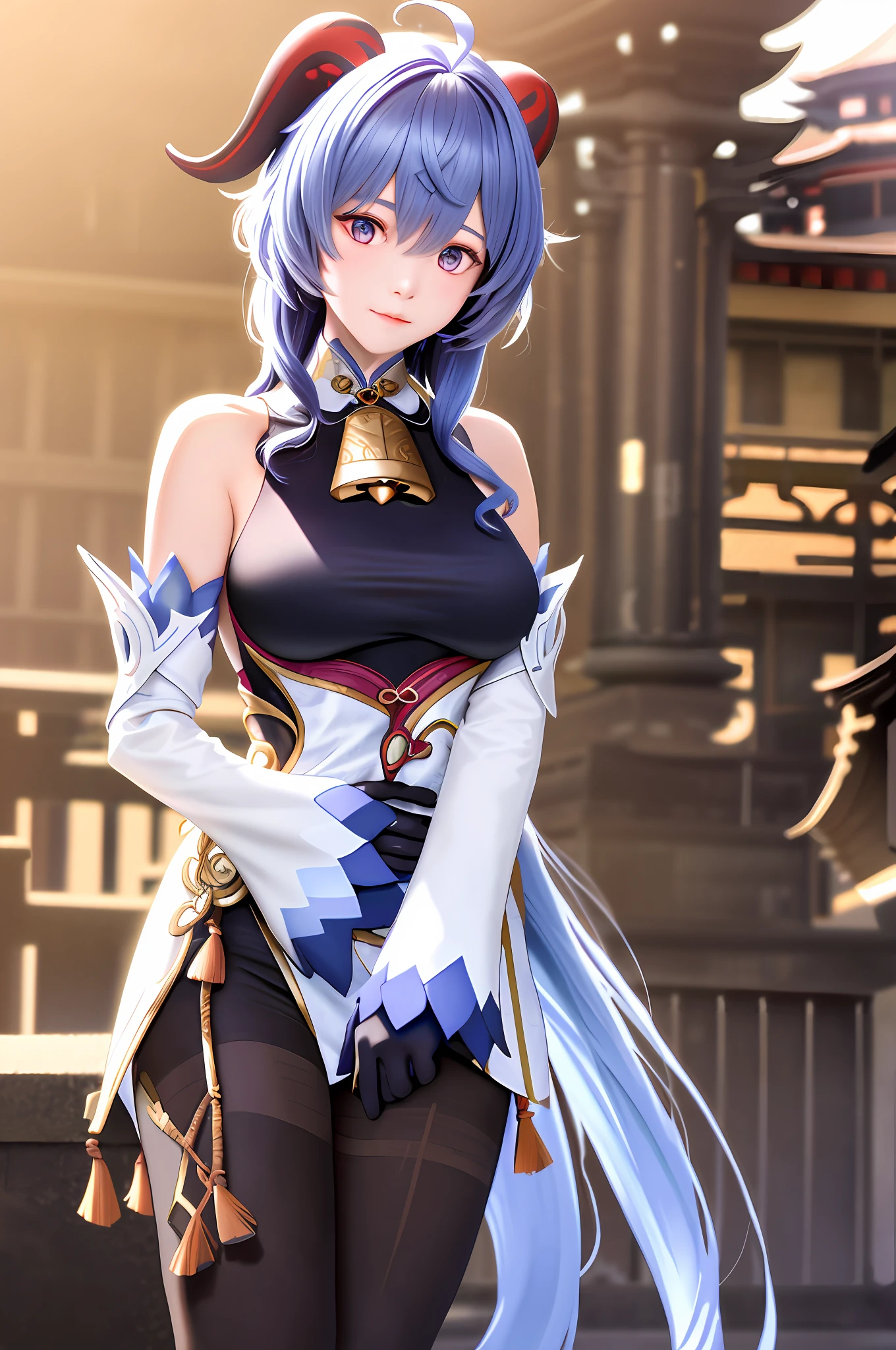 masterpiece, (photorealistic:1.5), best quality, beautiful lighting, real life, ganyu \(genshin impact\), 1girl, ahoge, architecture, bangs, bare shoulders, bell, black gloves, black pantyhose, (blue hair), blush, breasts, chinese knot, detached sleeves, east asian architecture, flower knot, gloves, horns, long hair, looking at viewer, medium breasts, neck bell, night, outdoors, pantyhose, purple eyes, sidelocks, solo, tassel, white sleeves, (ulzzang-6500:0.5) , intricate, high detail, sharp focus, dramatic, beautiful girl , (RAW photo, 8k uhd, film grain), caustics, subsurface scattering, reflections ,