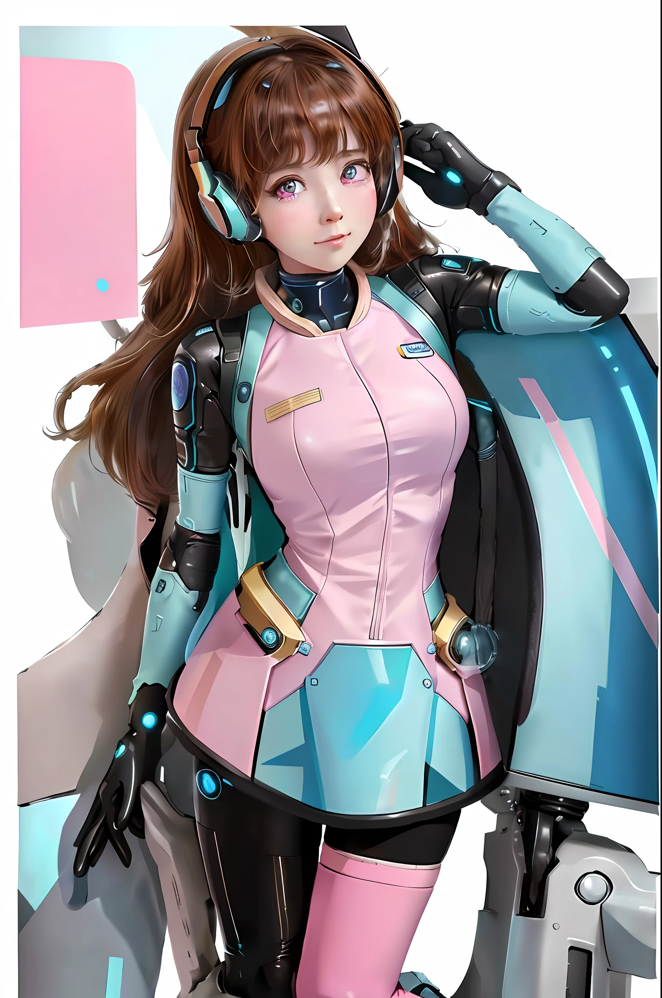 Masterpiece, Best Quality, High Resolution, 1girl, Super High Resolution, Solo, Mech Pilot, D.VA, Headphones, Pink Eyes, Blue Tights, Brown Hair, White Gloves, Cat Face Adornament,