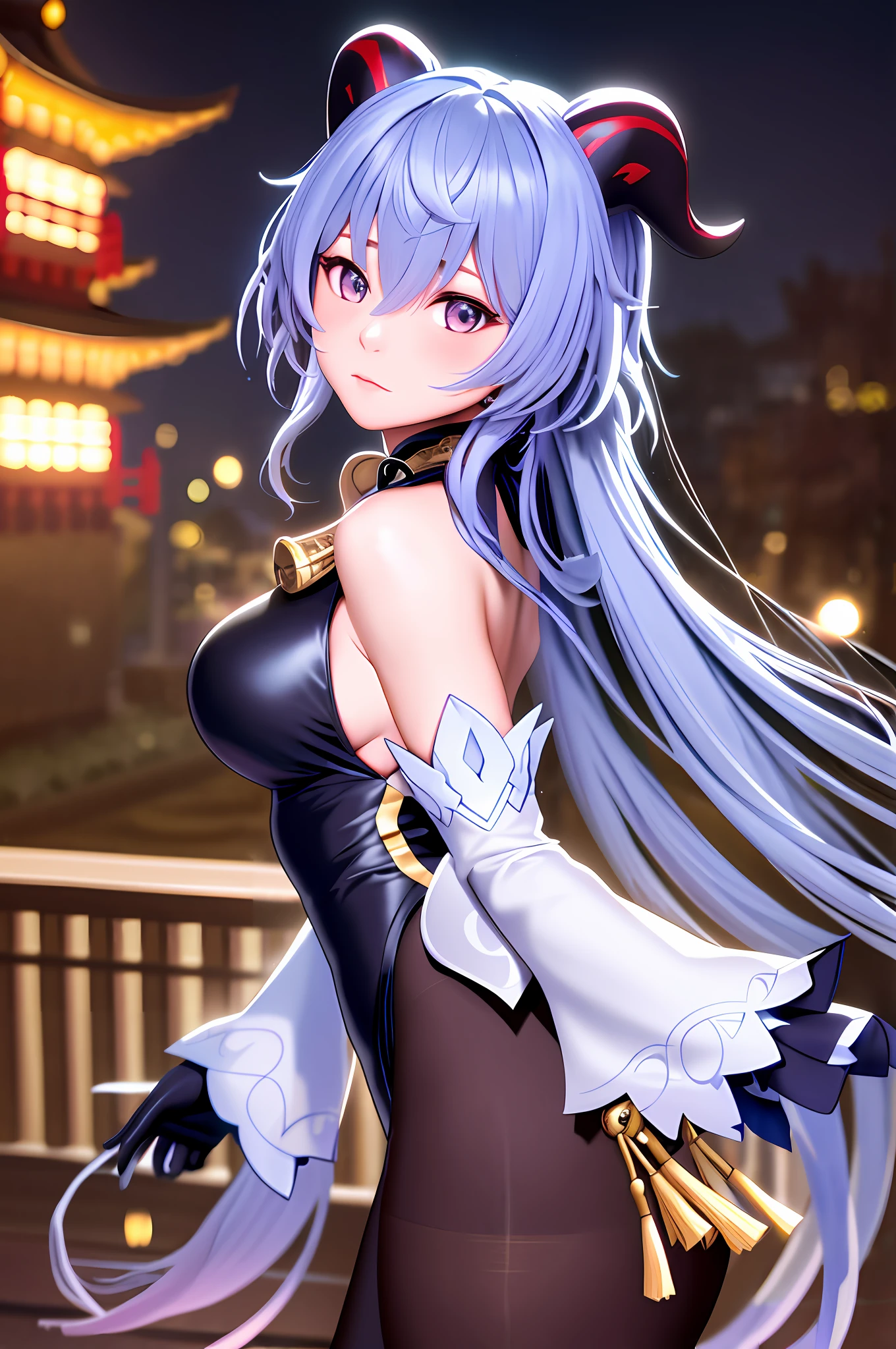 masterpiece, (photorealistic:1.5), best quality, beautiful lighting, real life, ganyu \(genshin impact\), 1girl, ahoge, architecture, bangs, bare shoulders, bell, black gloves, black pantyhose, (blue hair), blush, breasts, chinese knot, detached sleeves, east asian architecture, flower knot, gloves, horns, long hair, looking at viewer, medium breasts, neck bell, night, outdoors, pantyhose, purple eyes, sidelocks, solo, tassel, white sleeves, (ulzzang-6500:0.5) , intricate, high detail, sharp focus, dramatic, beautiful girl , (RAW photo, 8k uhd, film grain), caustics, subsurface scattering, reflections ,