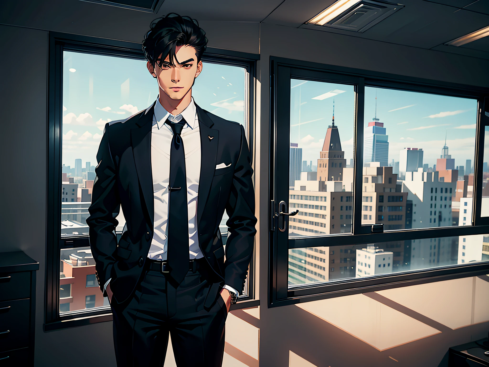 A handsome boy, standing next to the window in the office, behind a floor-to-ceiling window, with a serious face, looking straight ahead, wearing a black suit and shirt,