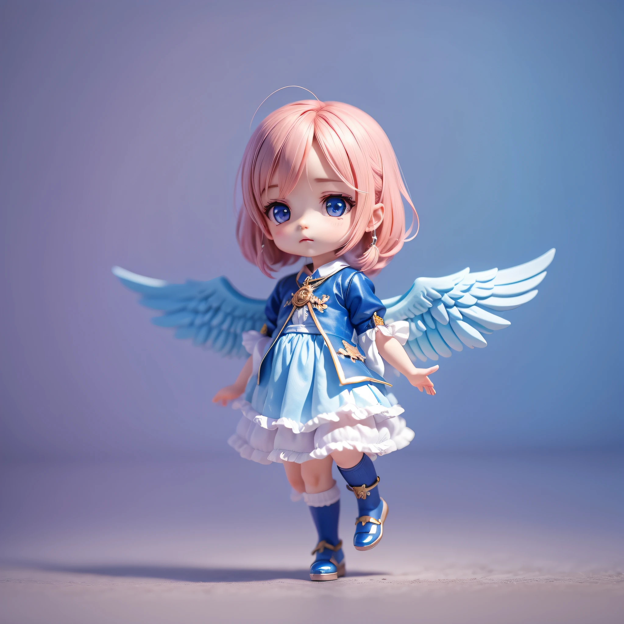 Chibi character. Flying child angel. Two wings grow. Pitiable. Blue. High definition. Masterpiece.