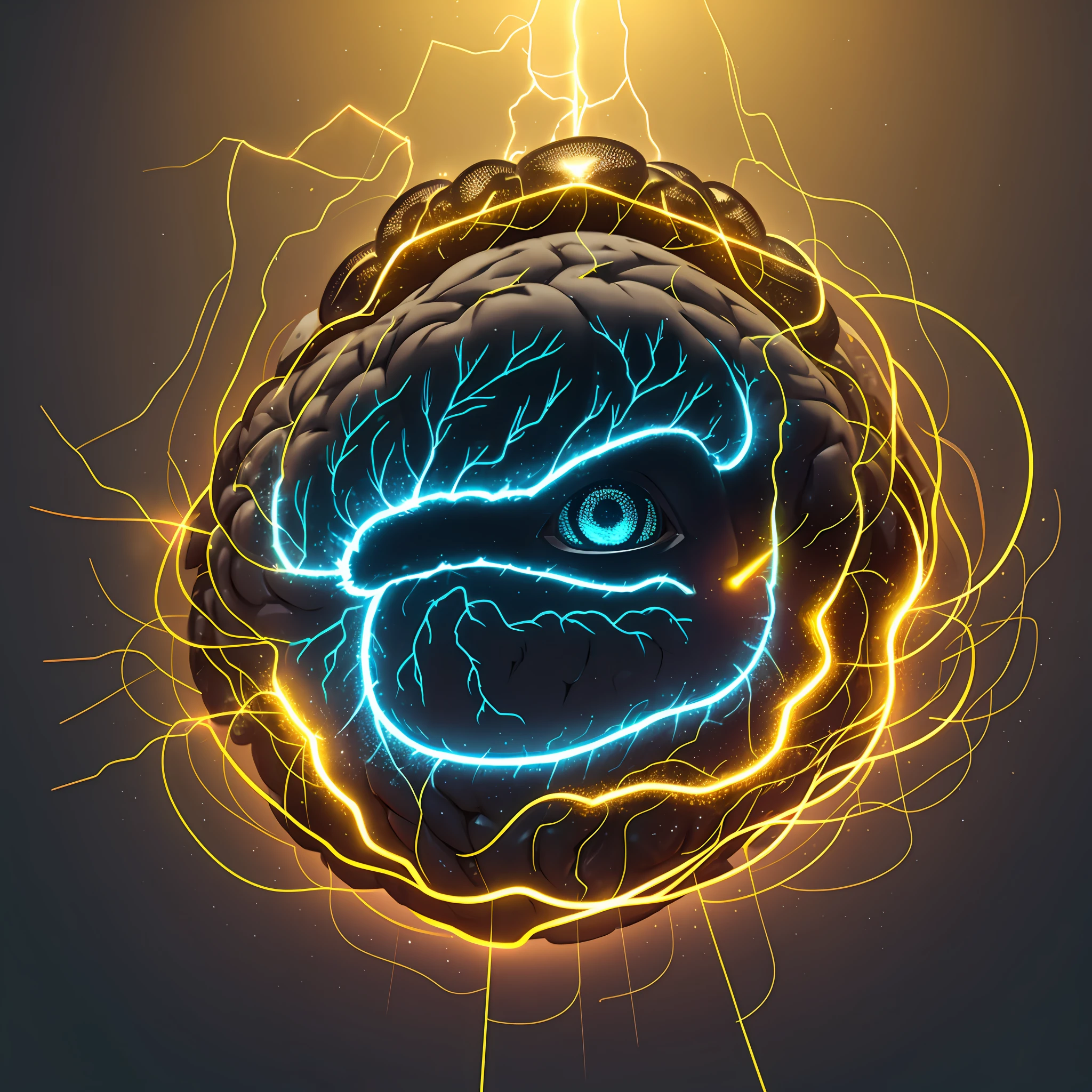 Dark background with lightning in the center of the image, a brain drawn in the wireframe style in front of the brain, a yellow light bulb --auto --s2