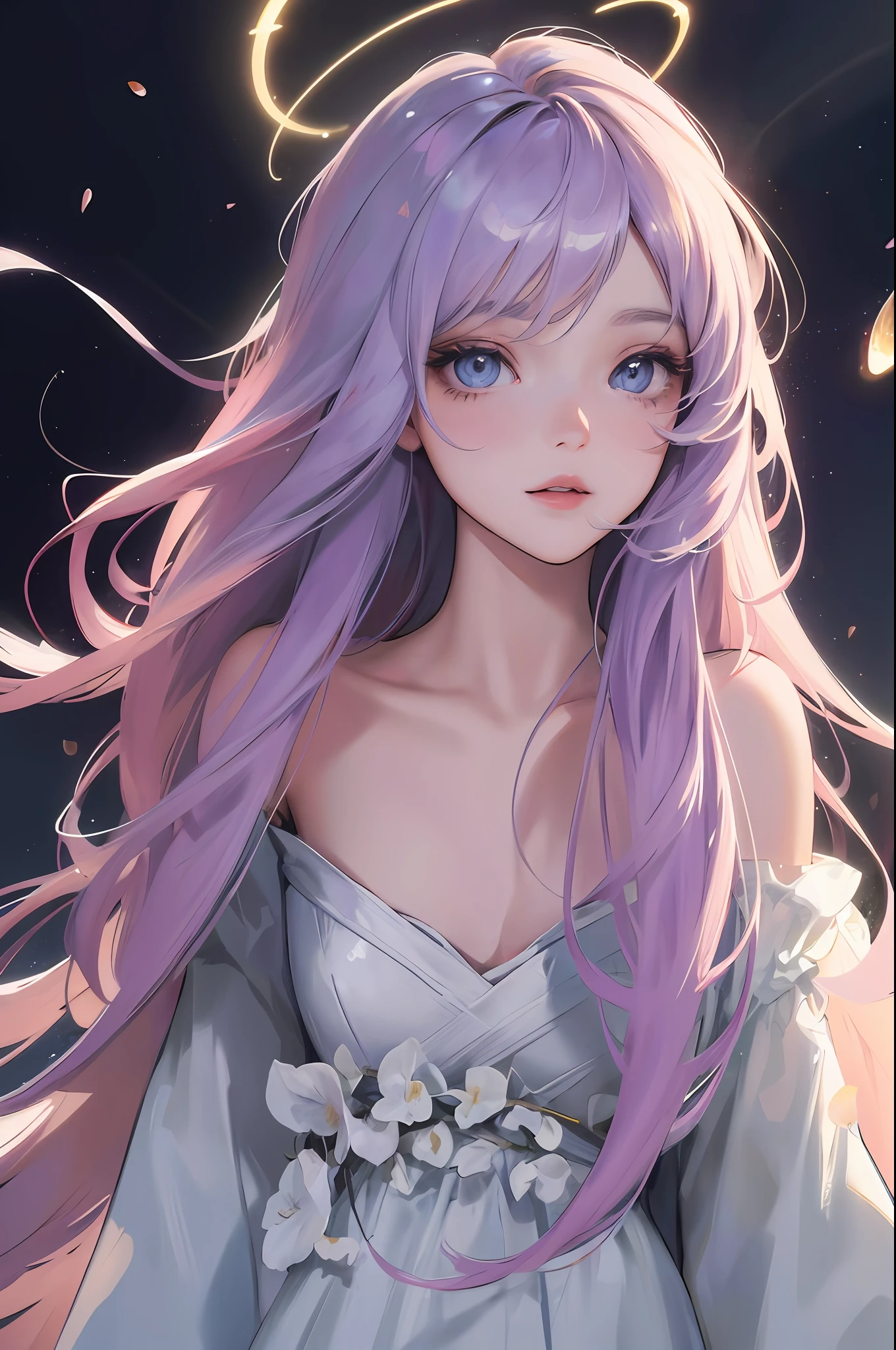 best quality, masterpiece, anime style, a beautiful woman angel,floating in the air ,lightning halo,having four beautiful white large wings ,moon, nebula, shooting stars, wearing a beautiful white dress, ultra beautiful detailed eyes, Precise iris depiction,looking at the viewer with a calm and goddess-like happiness,
,hyper detailed face, complex, perfect, model, textured, chiaroscuro, professional make-up, realistic, rough, dominating, figure in frame, Super beautiful background drawn by WLOP, cinematic lighting, stars, night, fireflies, near a lake, ethereal,