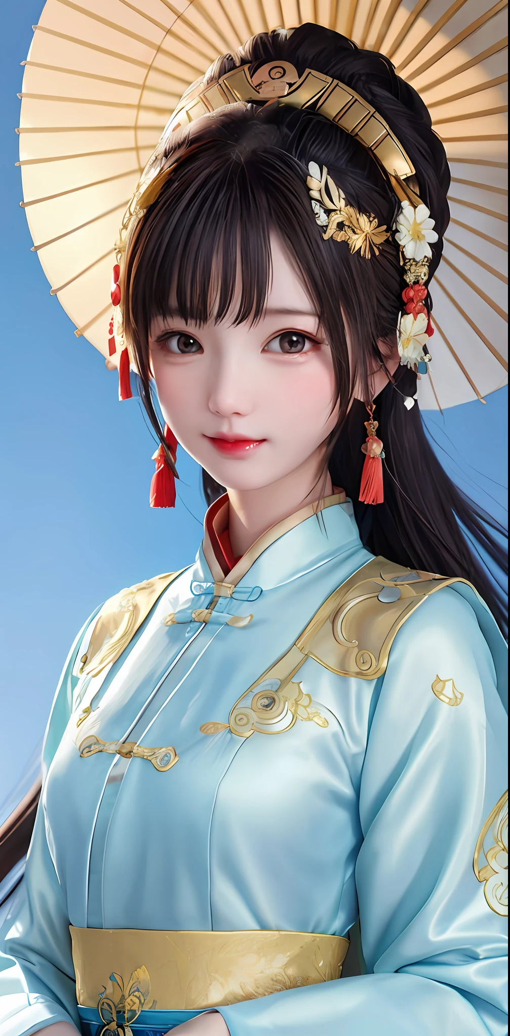 A girl, ancient Chinese costume, sunshine, clear face, clean white background, masterpiece, super detail, epic composition, ultra HD, high quality, extremely detailed, official art, uniform 8k wallpaper, super detail, 32k -- v 6