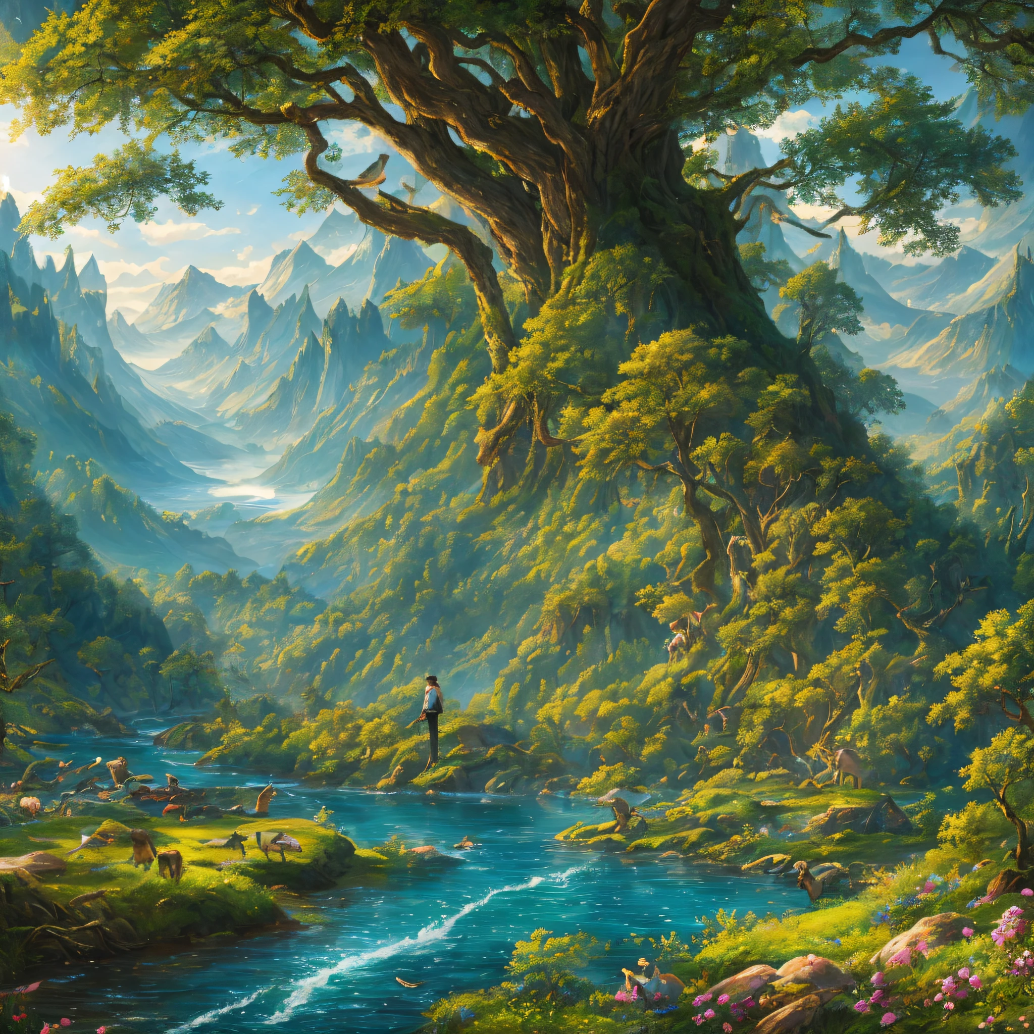 A young man playing the piano, he stands on his back, in the middle of a forest enchanted with fanciful animals in a totally fantastic environment and rich in details and traits. Giant trees surround rivers and mountains on the horizon. It's like an enchanted paradise --auto --s2