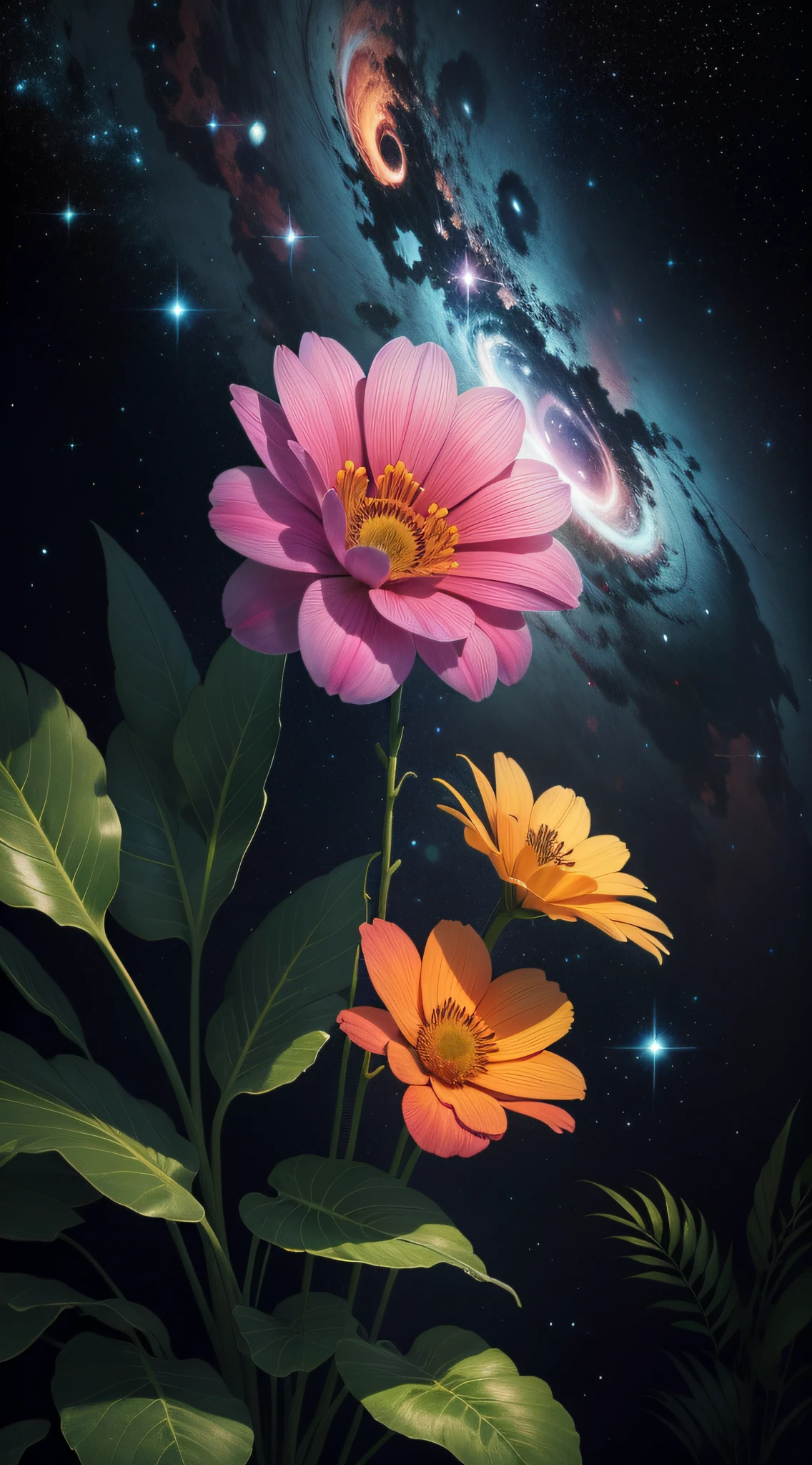 Outer space，flower，Graphic illustration，plant，Science and technology，universe，Bright color，jungle --ar 16:9 --v 5 --s 750 --q 2