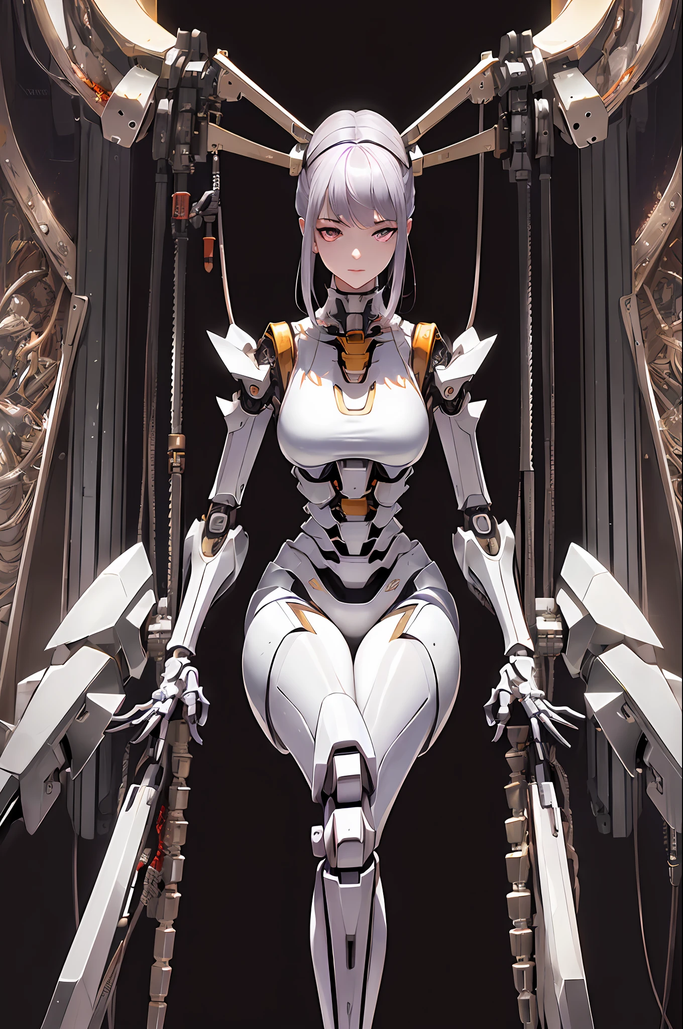 (((Masterpiece)))), (((highest quality)))), ((Ultra Definition)), (Very Detailed Photoreality), ((Very Delicate and Beautiful)), (Delicate and Pretty Face), Cinematic Light, (((1 Girl)), Solo, Full Body, Big, Cleavage Is Visible Skin, White Hair, Purple Eyes, Glowing Eyes, Thighs Exposed Skin, (Mechanical Joints: 1.4), (Mechanical Limbs)), ( blood vessels connected to tubes), (((mechanical vertebrae attached to the back)), ((cervical vertebrae of the machine) attached to the neck)), ((sitting)), expressionless, (wires and cables attached to the head and body: 1.5), (character focus), small LED lamps on the body, Gundam, sci-fi, metal, metallic body, detailed neon, hydraulic cylinder