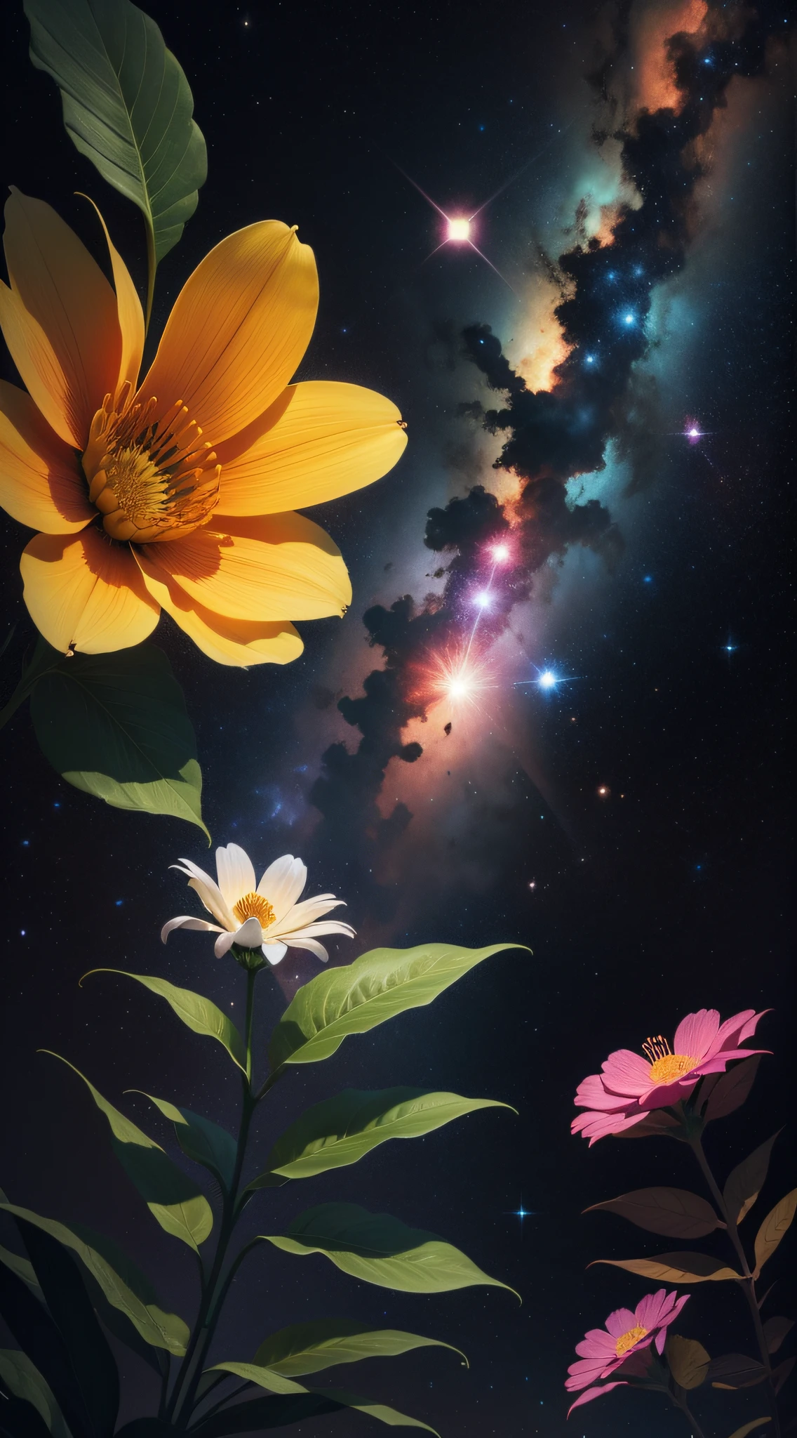 Outer space,flower,Graphic illustration,plant,Science and technology,universe,Bright color,jungle --ar 16:9 --v 5 --s 750 --q 2