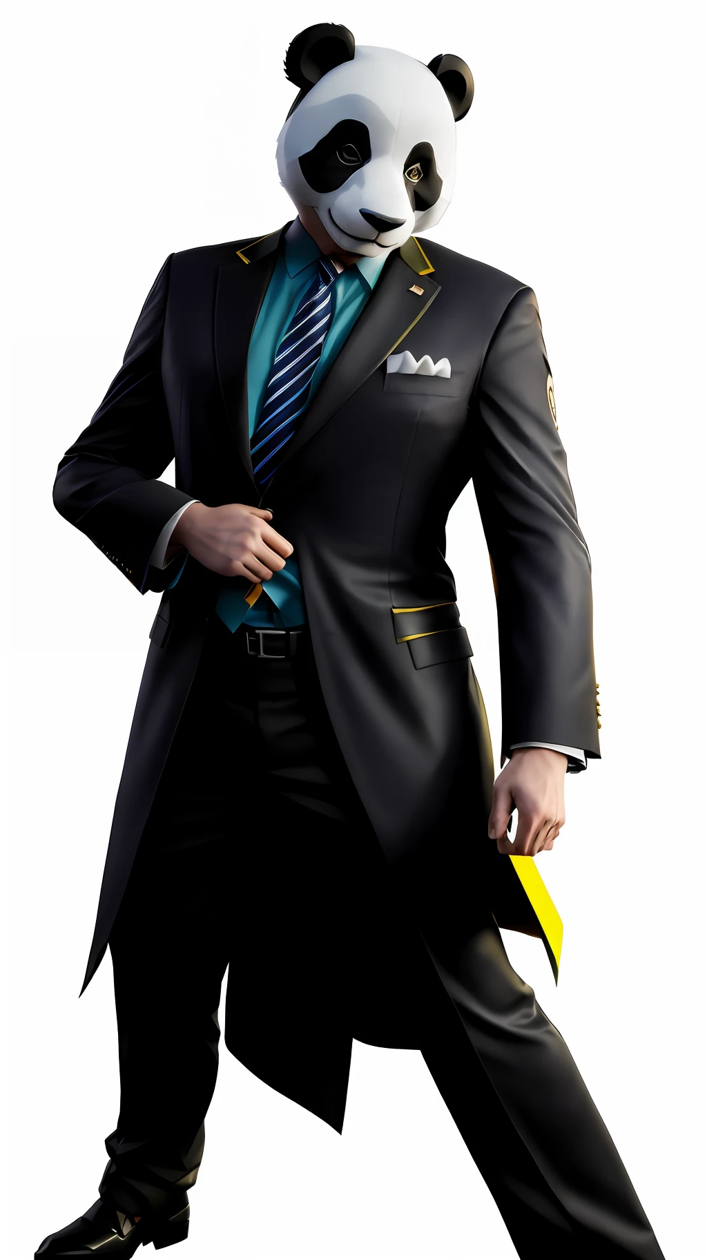 a close up of a person in a suit and a panda mask, joe biden as a jojo character, maxwell render, as a character in tekken, full body render, high detail iconic character, official character art, sfm render, 3 d render official art, hq render, 3 d render character art 8 k, arnold maya render, posing as a jojo character