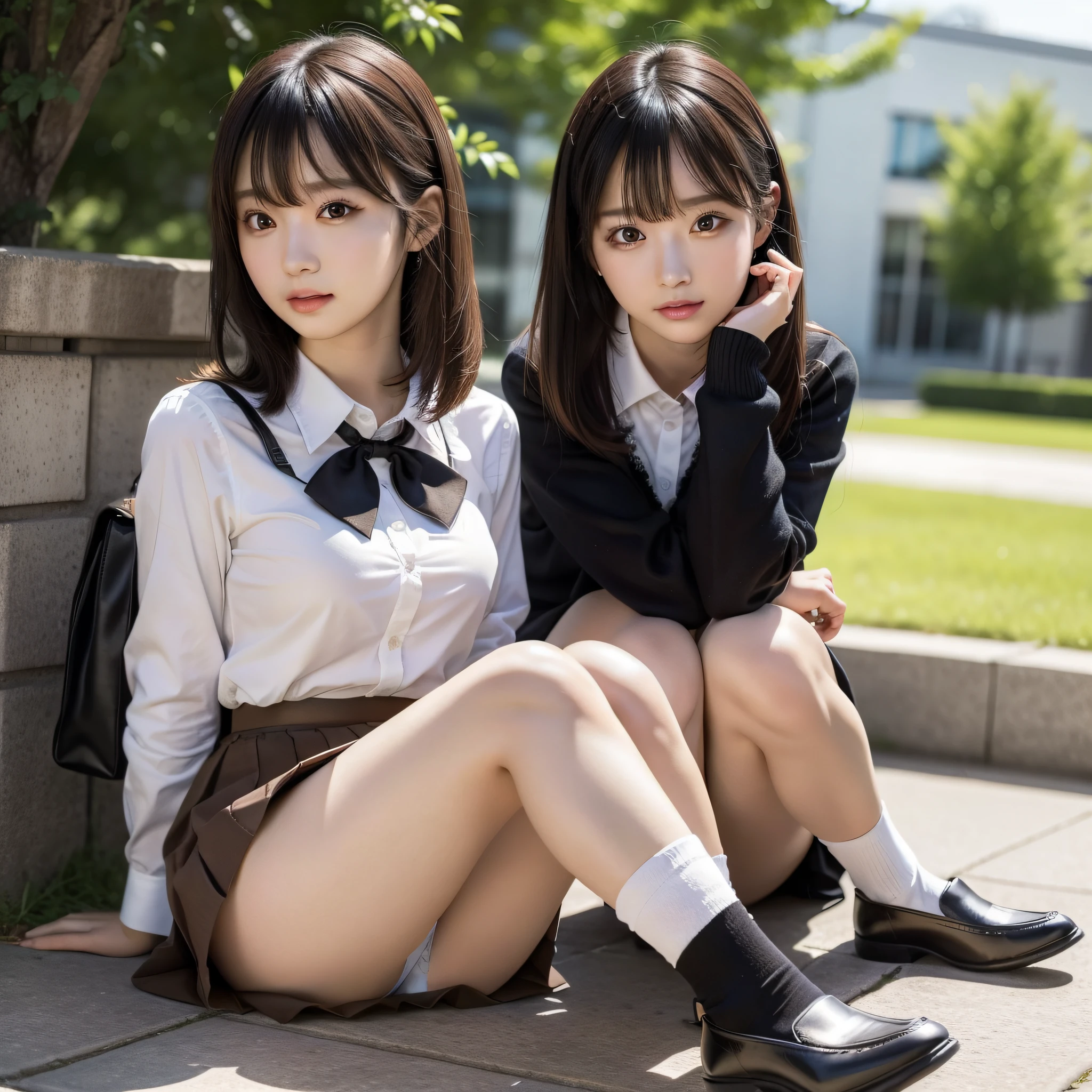 photo of 20 y.o lady, cute, panties, ((kpop idol)), lace panties, sitting, panties, legs open, skirt, school uniform, white panties, socks, black hair, shirt, blurry, blurred background, knees, white shirt, loafers, realistic, long hair, lips, brown eyes, black socks, bow tie, pleated skirt, bow, headrest, looking to the side, outdoors, brown shoes, masterpiece, best quality, ultra-detailed,