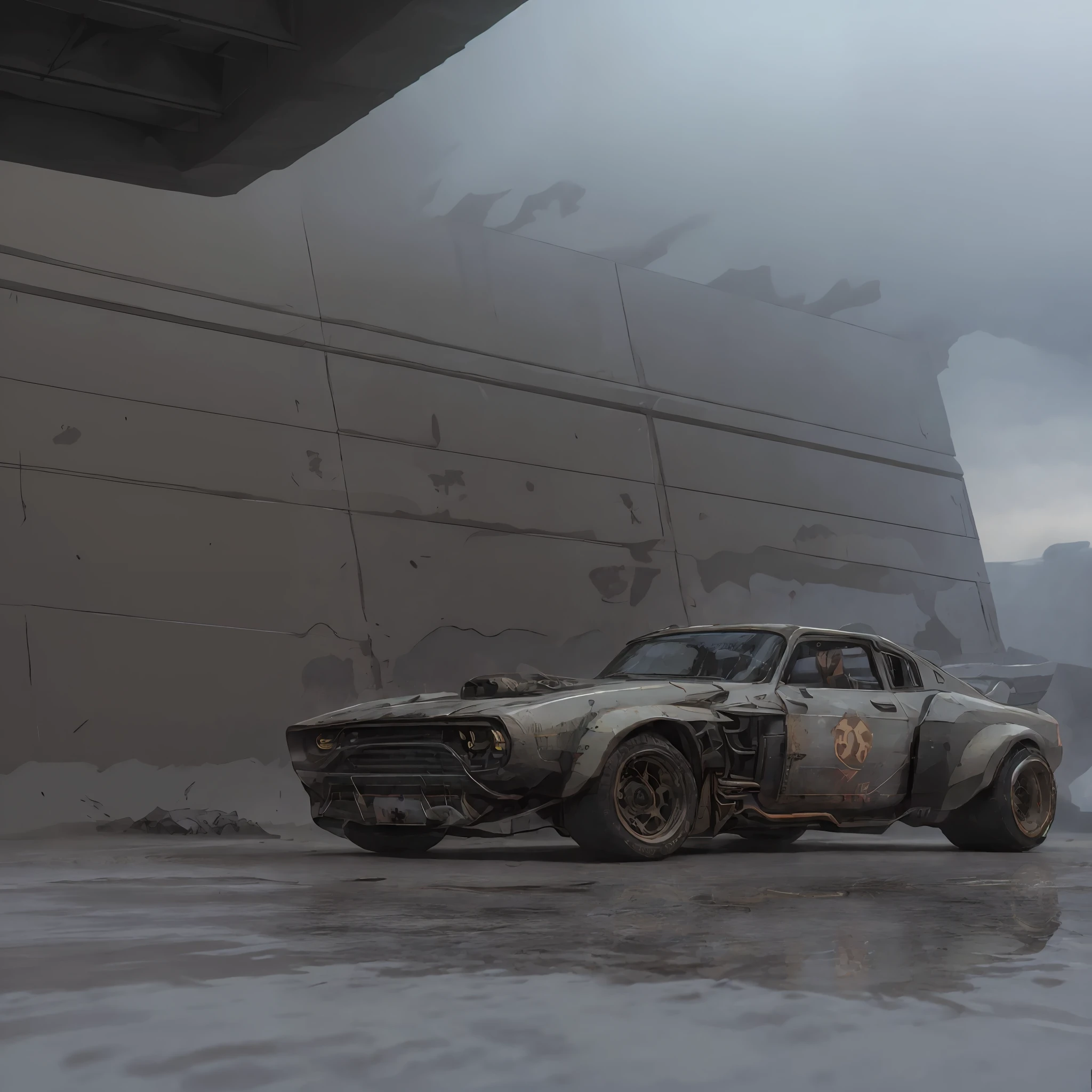a photo of a rusty tslas (zeekars), 3/4 front view, survival, post-apocalyptic, cyberpunk, outdoors, night, destruction, urban decay, masterpiece, photorealistic, 8k, high detail, dark theme,dark green