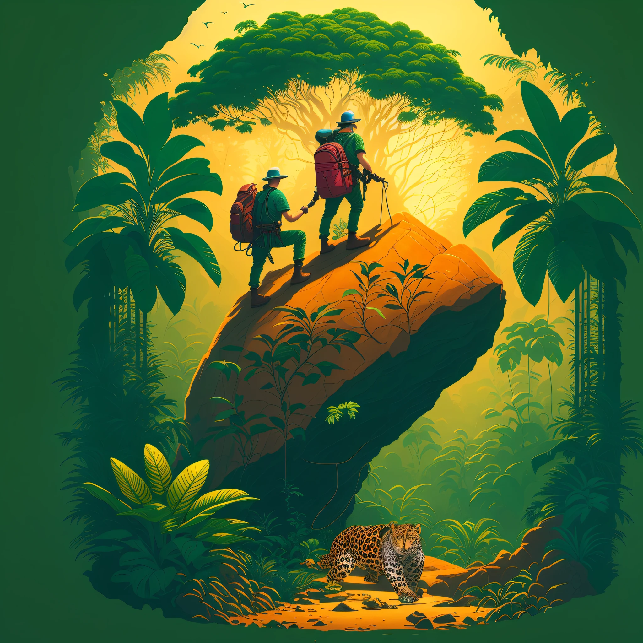 there are two people walking on a rock in the jungle, a green gecko on the wall and a jaguar painted below the orcha looking at them, jen bartel, deep jungle of another world, inspired by the Hildebrandt brothers, poster illustration, inspired by the Hildebrandt brothers, a beautiful art illustration, fantasy jungle, in a jungle forest, by Mike Winkelmann,  Beeple and Tim Hildebrandt, Mysterious Jungle Painting --auto --s2