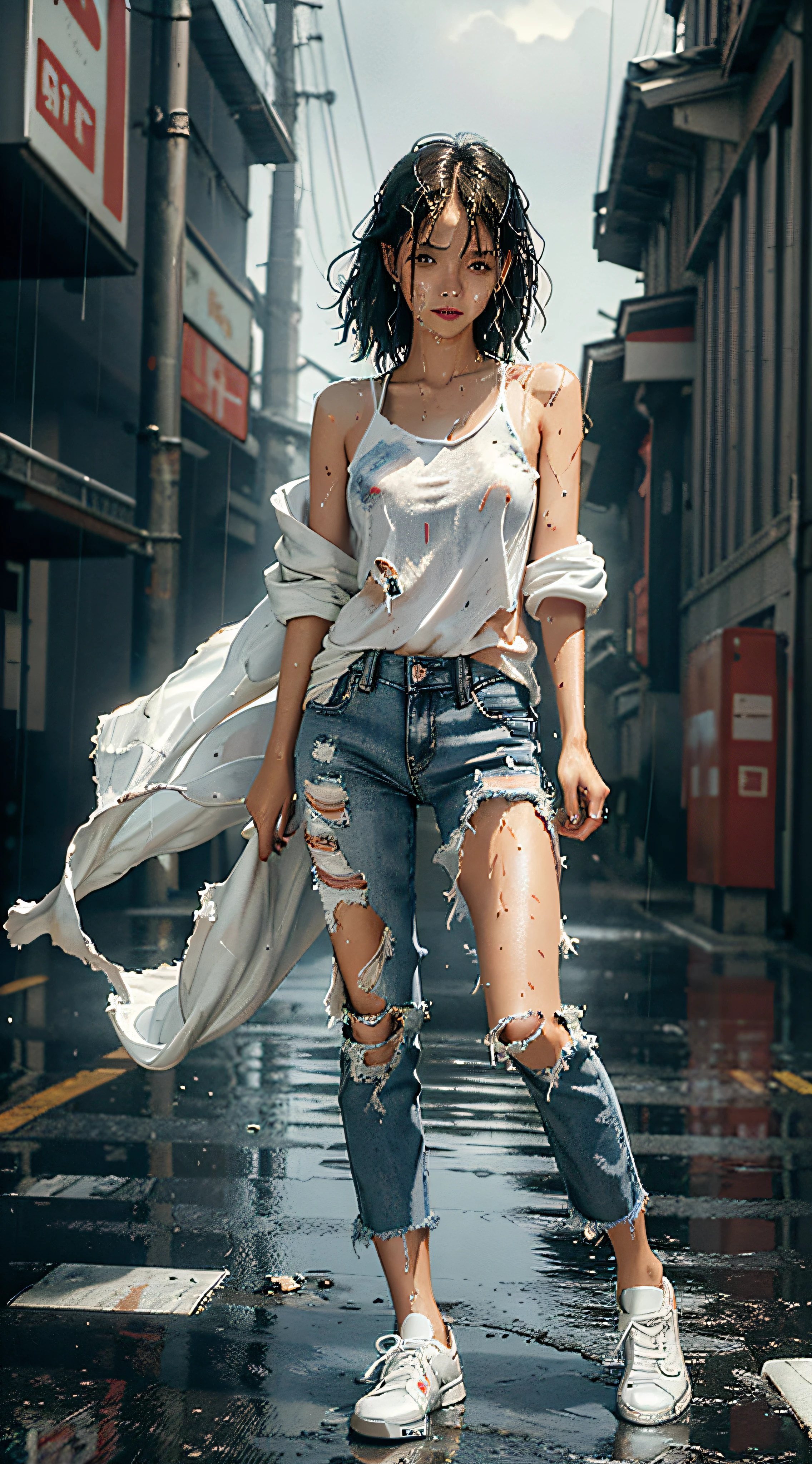 best image quality, masterpiece, super high resolution, (fidelity:1.4), photo, 1 girl, white shirt, torn jeans, white sneakers, dim, darkness, despair, pity, poor, movie, tears, teardrops, (torn clothes:1.5), (wet clothes:1.4), bare shoulders, real rain, wet hair,..