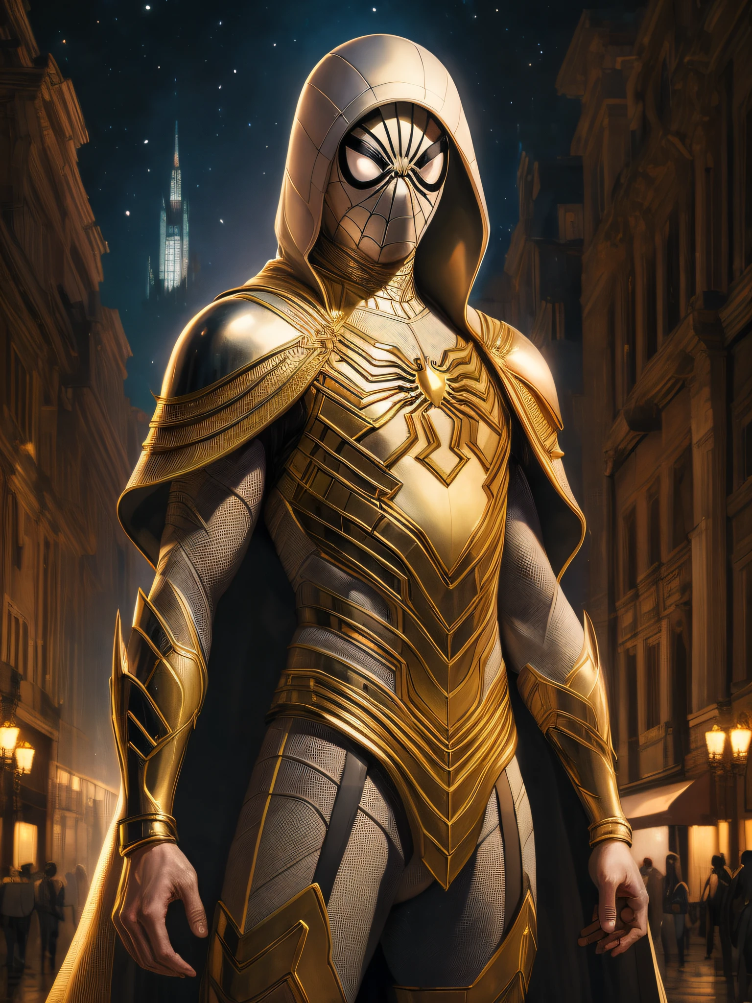 (Best quality),(masterpiece),(ultra detailed),(high detailed),(extremely detailed),full body shot of spiderman in white and gold armour style suit, no mask on, white cape, looking at center camera, perfect composition, beautiful detailed intricate insanely detailed octane render trending on artstation, 8 k artistic photography, photorealistic concept art, soft natural volumetric cinematic perfect light, chiaroscuro, award - winning photograph, masterpiece, oil on canvas, raphael, caravaggio, greg rutkowski, beeple, beksinski, giger, trending on artstation, sharp focus, studio photo, intricate details, highly detailed, night city background, by greg rutkowski