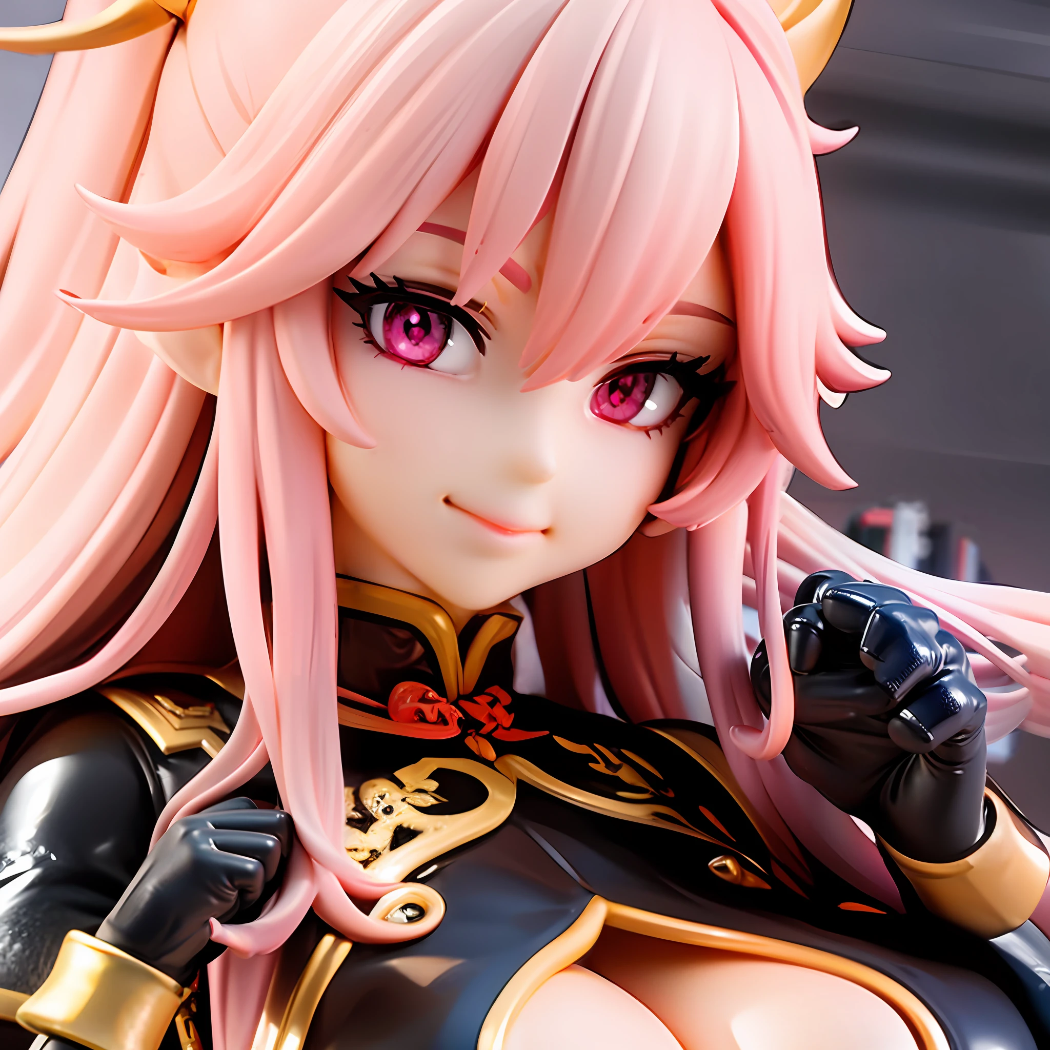 teenager, standing pose, dragon tail, dragon scale on hands and feet, dragon horns, Chinese dress, Chinese dress modified to reveal belly button, white color scheme, pink highlights, long hair, pink hair, wide eyes, pink eyes, closed mouth, smile, imperial palace, towering pagodas, cherry blossom trees, red lanterns, stone dragon statues, golden accents, misty mountain backdrop, serene pond,