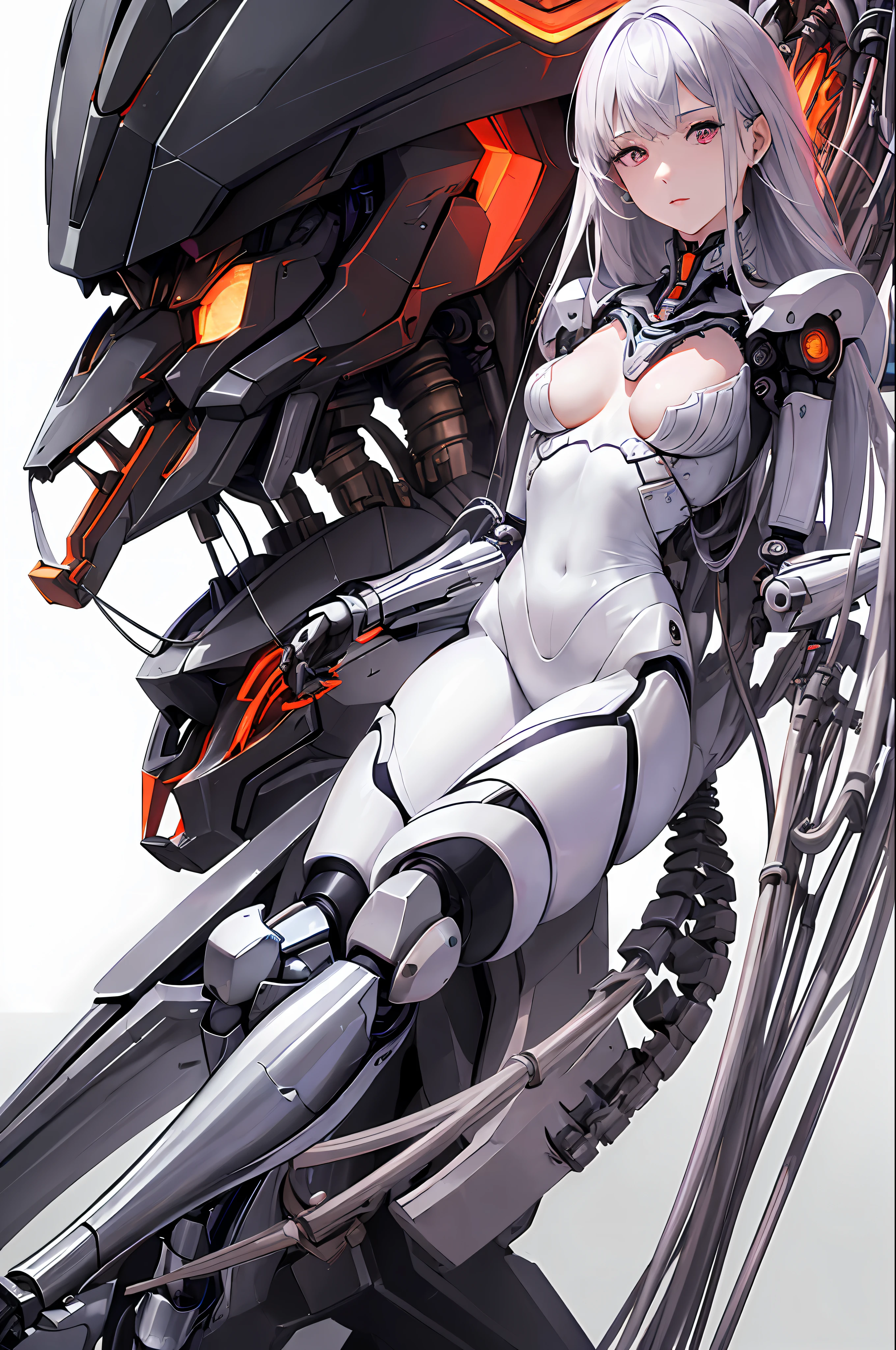 (((Masterpiece)))), (((highest quality)))), ((Ultra Definition)), (Very Detailed Photoreality), ((Very Delicate and Beautiful)), (Delicate and Pretty Face), Cinematic Light, (((1 Girl)), Solo, Full Body, Big, Cleavage Is Visible Skin, White Hair, Purple Eyes, Glowing Eyes, Thighs Exposed Skin, (Mechanical Joints: 1.4), (Mechanical Limbs)), ( blood vessels connected to tubes), (((mechanical vertebrae attached to the back)), ((cervical vertebrae of the machine) attached to the neck)), ((sitting)), expressionless, (wires and cables attached to the head and body: 1.5), (character focus), small LED lamps on the body, Gundam, sci-fi, metal, metallic body, detailed neon, hydraulic cylinder