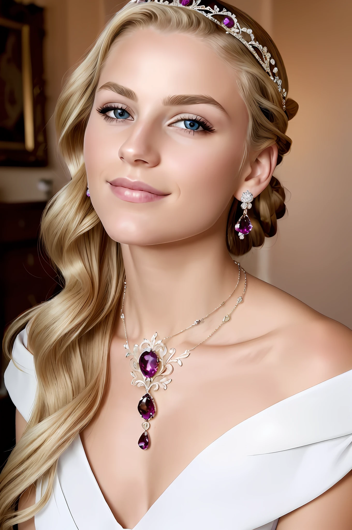 ((best quality)), ((ultra res)), ((photorealistic)), (intricate details), 19 years old, chignon blonde hair, perfect face, light on face, face detail, long hair, garnet necklace, amethyst tiara