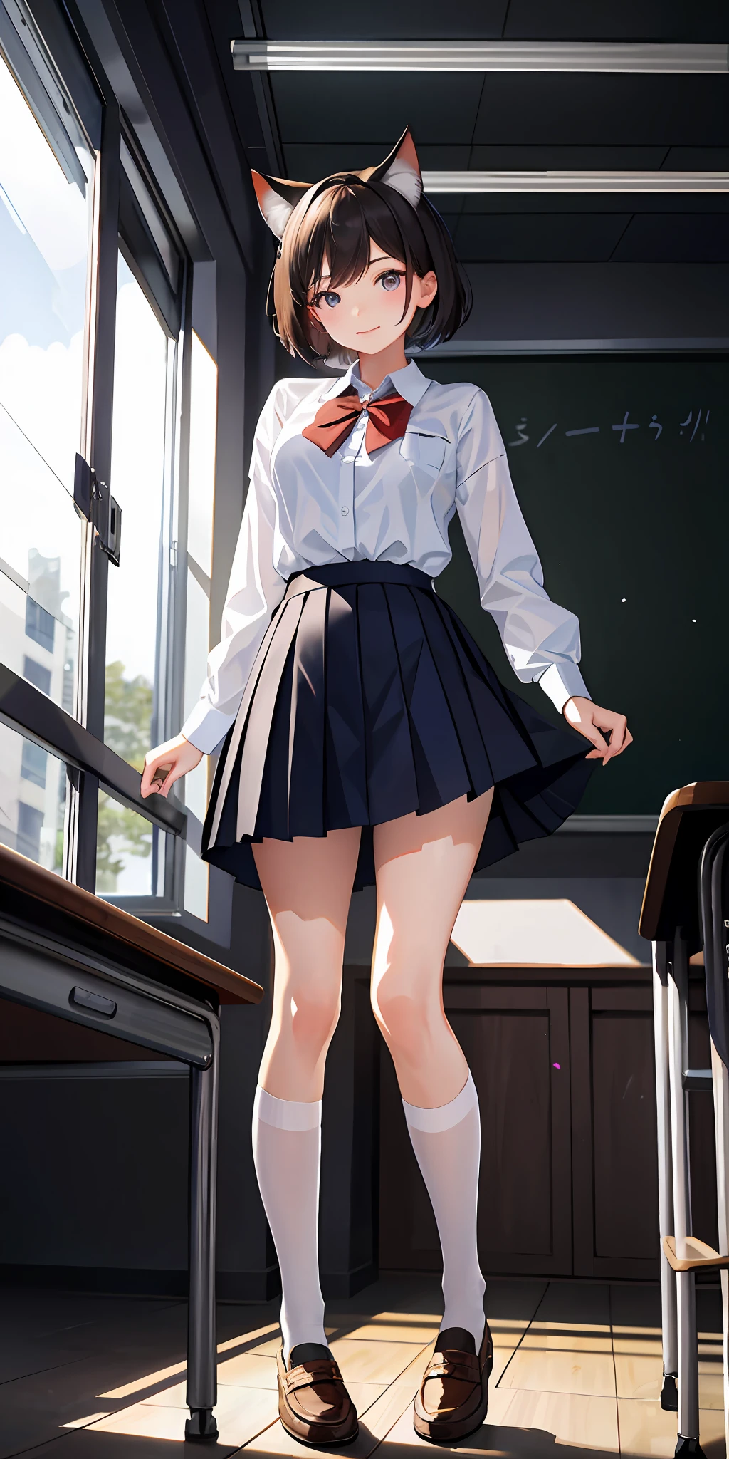 Masterpiece, best quality, high resolution, very detailed, detailed background, 1 girl, looking at the audience, classroom, classroom interior, pose, wearing cat ears, short hair, school uniform, white shirt, skirt, transparent, happy, NSFW