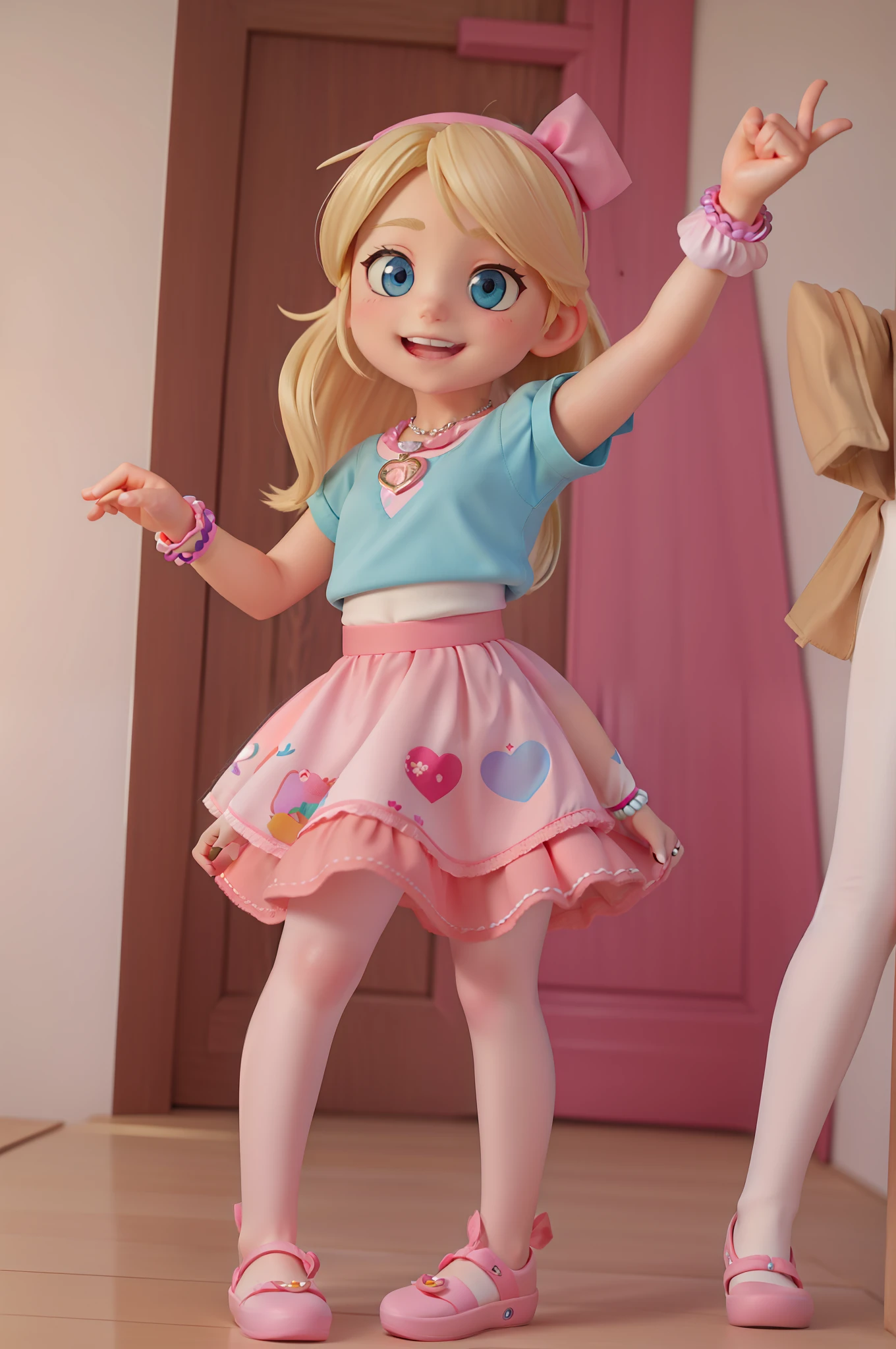 beautiful Winry Rockbell at 6 years old with blonde hair dancing hip hop, rap style, happy, outfit with a pink bow in her hair. Her face is sweet and expressive, with bright eyes and a radiant smile. She wears a short-sleeved blouse in pastel tones, with flower prints. She pairs the top with a short, puffy skirt in a vibrant, pink-like color. The skirt has lace details and purple leggings with white hearts. She wears comfortable slippers in a bright color and colored laces. She wears a bright and colorful bracelet on her wrist, as well as a necklace with a heart-shaped pendant.