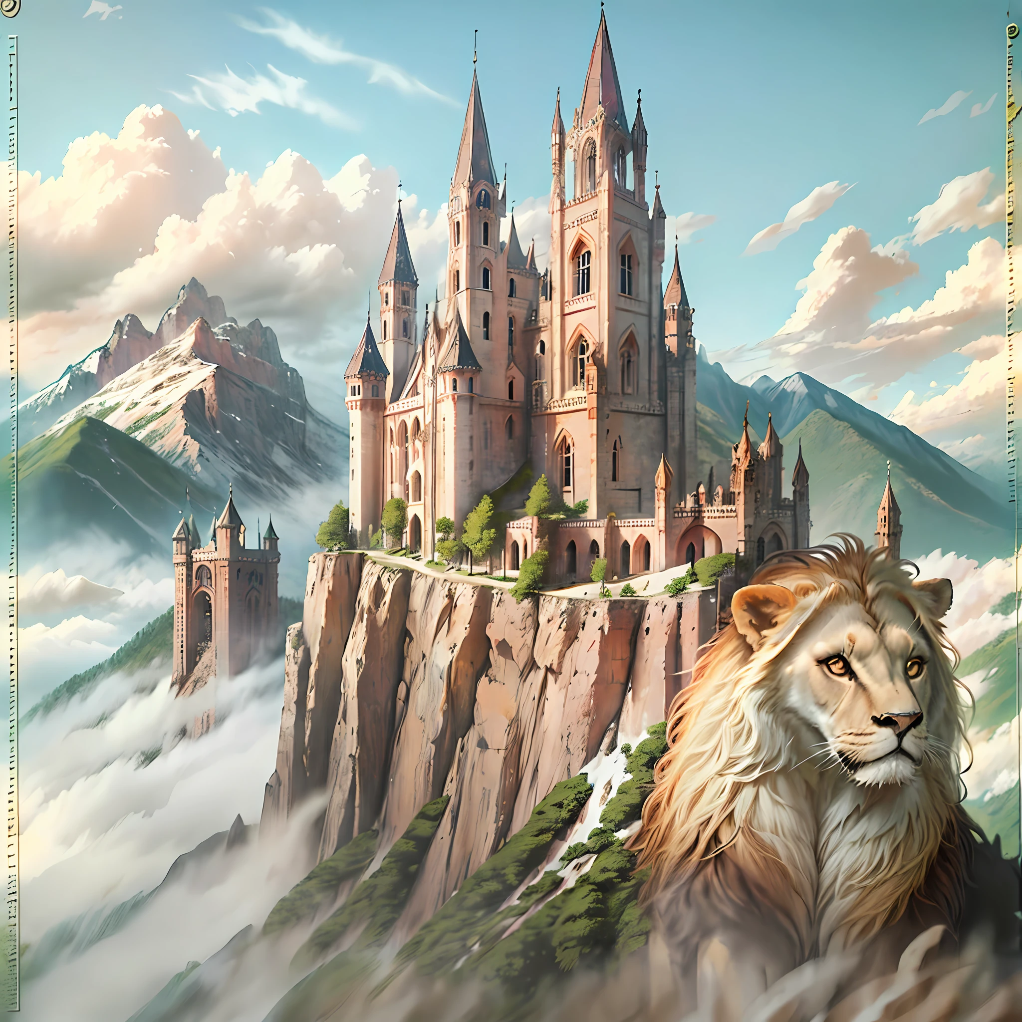 Castle scanned on a lion-shaped mountain. Photorealistic, hyperdetailed, high quality, 8k --auto --s2