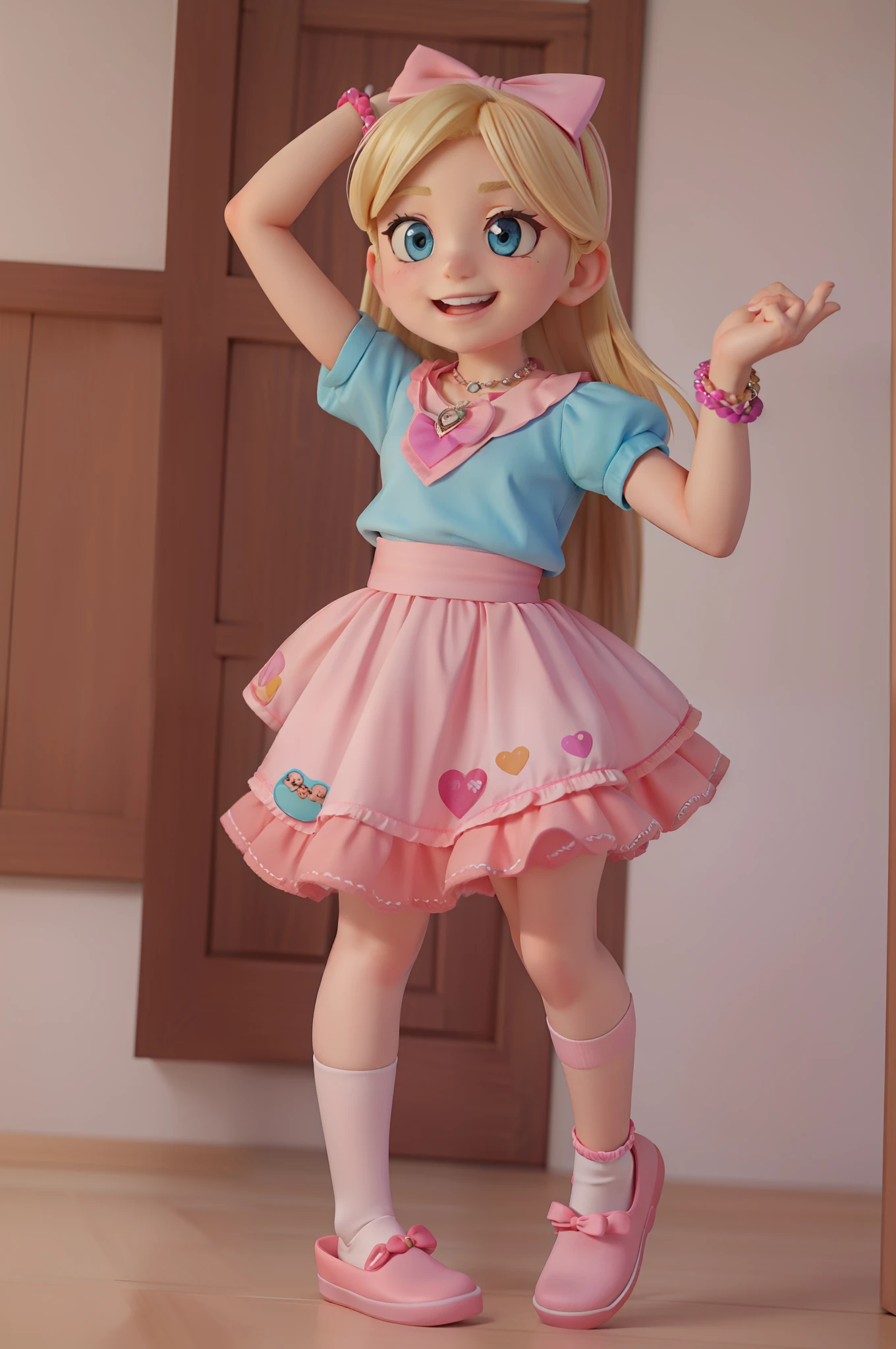 beautiful Winry Rockbell at 6 years old with blonde hair dancing hip hop, rap style, happy, outfit with a pink bow in her hair. Her face is sweet and expressive, with bright eyes and a radiant smile. She wears a short-sleeved blouse in pastel tones, with flower prints. She pairs the top with a short, puffy skirt in a vibrant, pink-like color. The skirt has lace details and purple leggings with white hearts. She wears comfortable slippers in a bright color and colored laces. She wears a bright and colorful bracelet on her wrist, as well as a necklace with a heart-shaped pendant.