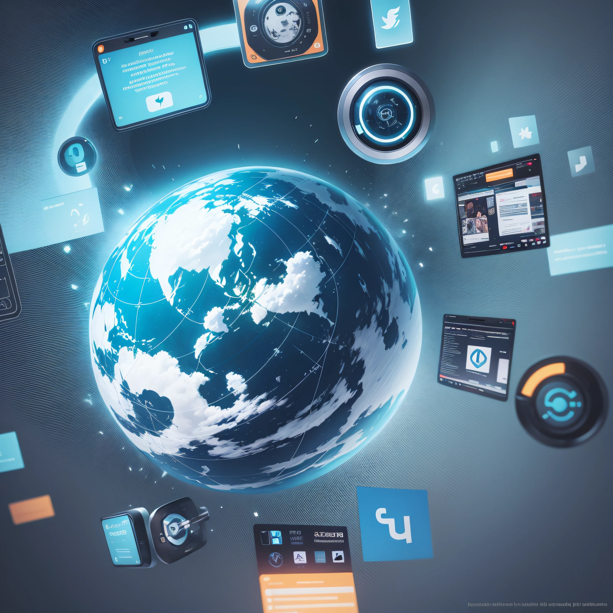 Use the digital world by creating a futuristic image with social media icons flying in the background --auto --s2