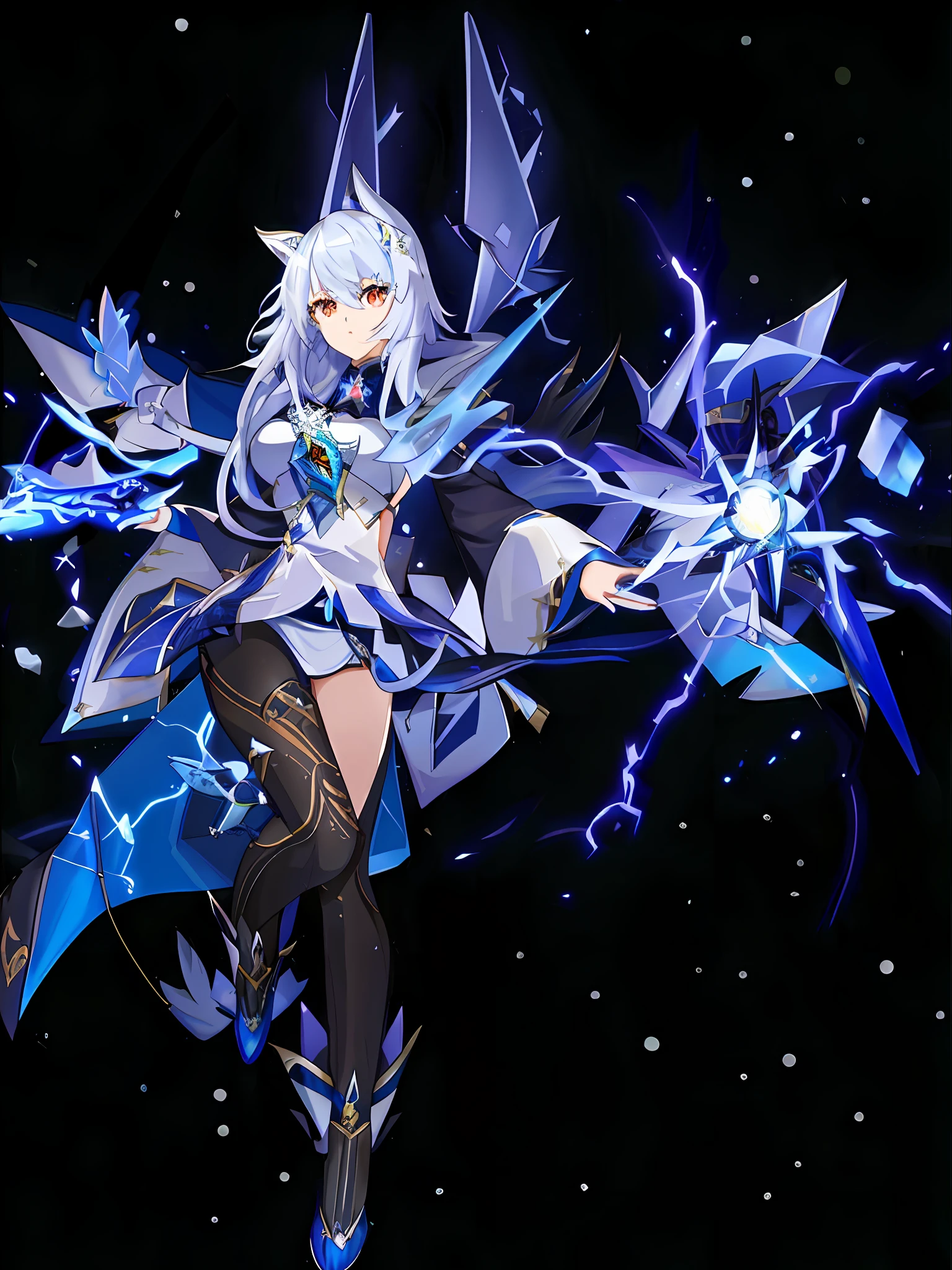 (White Hair + Blue Costume: 1.2), Ayaka Game Genshin Impact, Lightning Goddess, Genshin Impact Character, (Silver Reflection + Icy Cold): 1.3, Raiden + Brown Eyes + Hood on the Head, (Maya Ali + Female Lightning Genshin): 1.4, (Beautiful Celestial Mage + Full Body Thunder): 1.5, (Katsei from Ark Night + Katshiming from Genshin Impact): 0.8.