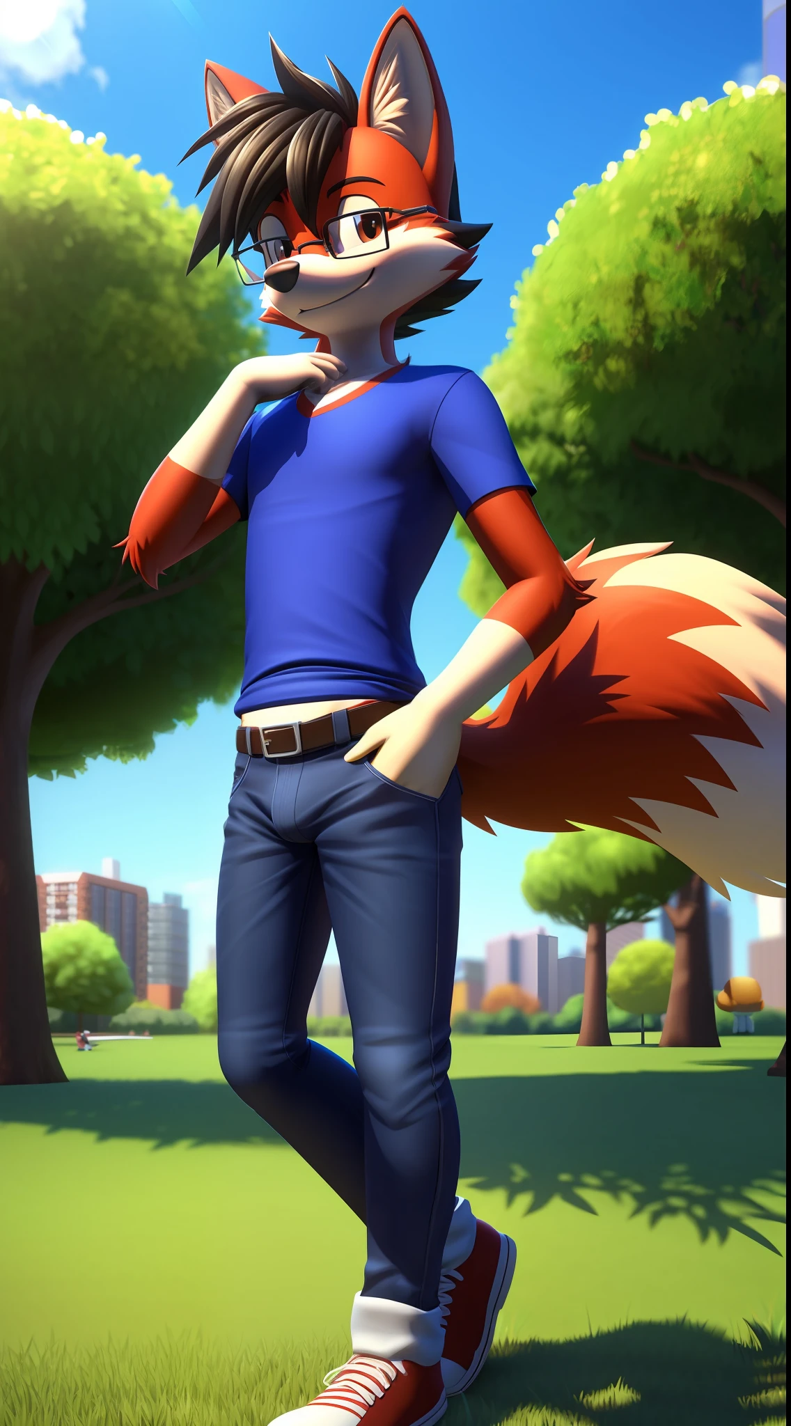 masterpiece, red furred wolf with black hair, male, wearing a blue shirt and jeans and glasses, small bulge, solo, no group, no double, smiling, no logo marked, no extra limbs, in the park, in the style of Miles Tails, 3D