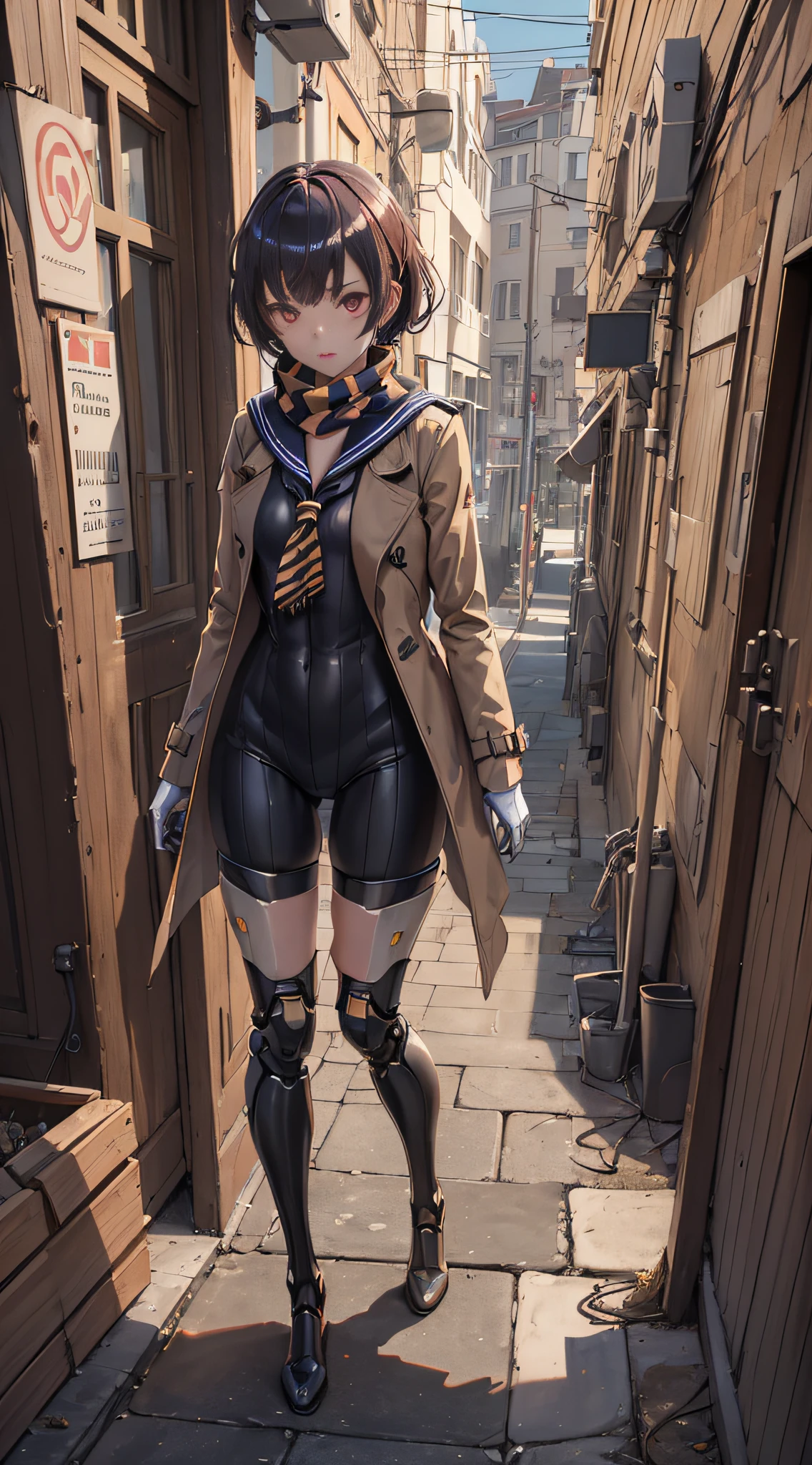 ((((masterpiece))), ((best quality))), ((ultra-detailed)), (CG illustration), (an extremely devious and beautiful)), (cute desktop face), cinematic light, (1 girl), ((((single))))))), ((( Full body)), (machine-made joints: 1.4), ((mechanical limbs)), ((standing)), expressionless, (character focus), sci-fi, brunette hair, short hair, ((pick dye)), red eyes, mid-chest, (scarf), prosthetics, ((mechanical legs)), ((sailor suit)), ((trench coat)), (neon))))), (((night)))
