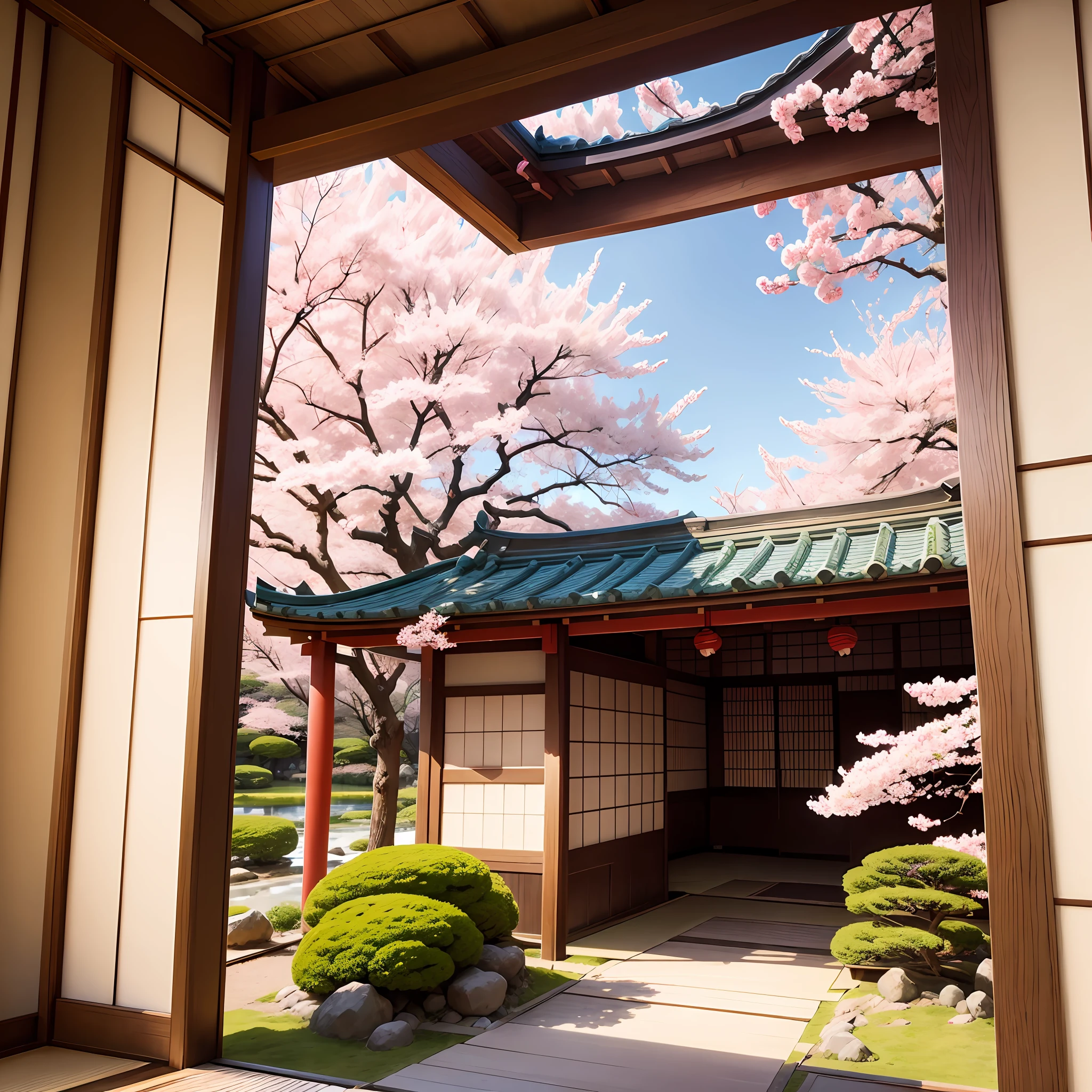 Print, Japanese garden, manga, colorful, sakura, framing, ancient Japan with sakura flowers falling on clear and sunny day.
