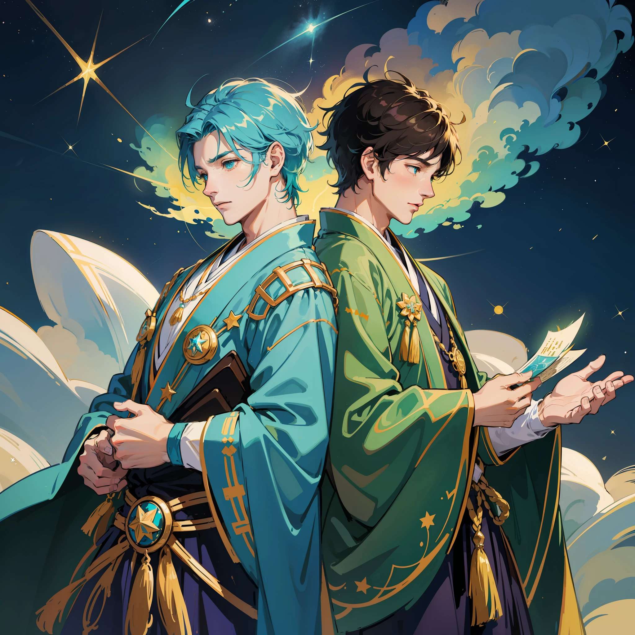 Two handsome, turquoise boy, muscular boy, star hair ornament, beautiful, beautiful, colorful, fantasy, fantastic, harmony of medieval Europe and Japanese style, luxurious costumes, cuddling figures, sky with shining stars, constellations, two people floating in the air