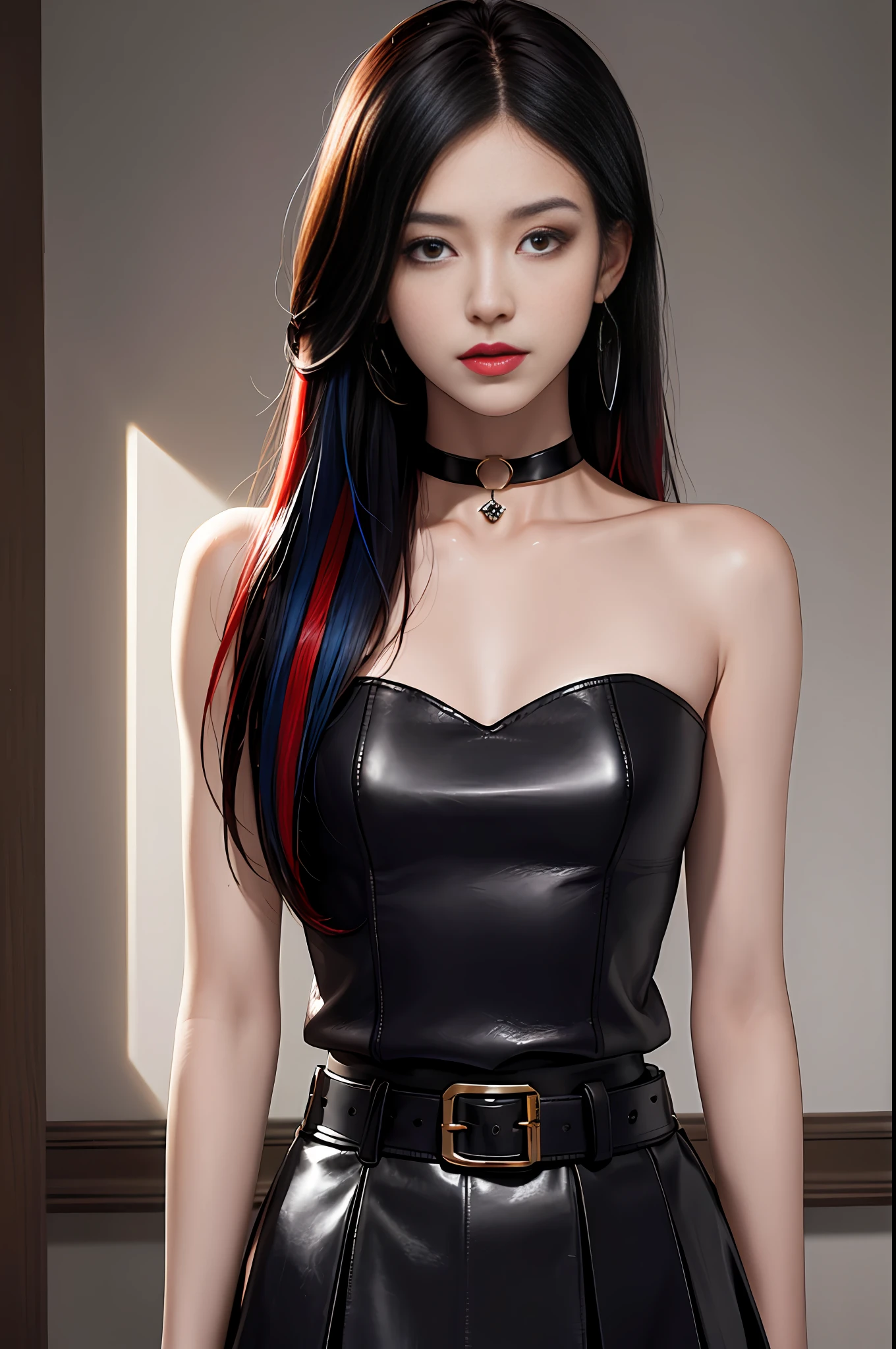 (masterpiece, best quality, 1girl, solo, fine detail, chromatic aberration), (realistic), (skin), ((breath)), (black hair, blut bliang), detailed hair, red head ornament, blue highlights, hair in one eye, black eye, small earrings, Sharp eyes, choker, ((black cut leather top)), (black skirt), (belt), bare waist, (symmetrical eyes), (perfectly symmetrical body), night, ((natural light))), backlit, against gray walls, dim light, looking at the audience, ((centered shot, seen from the front, (face and waist)