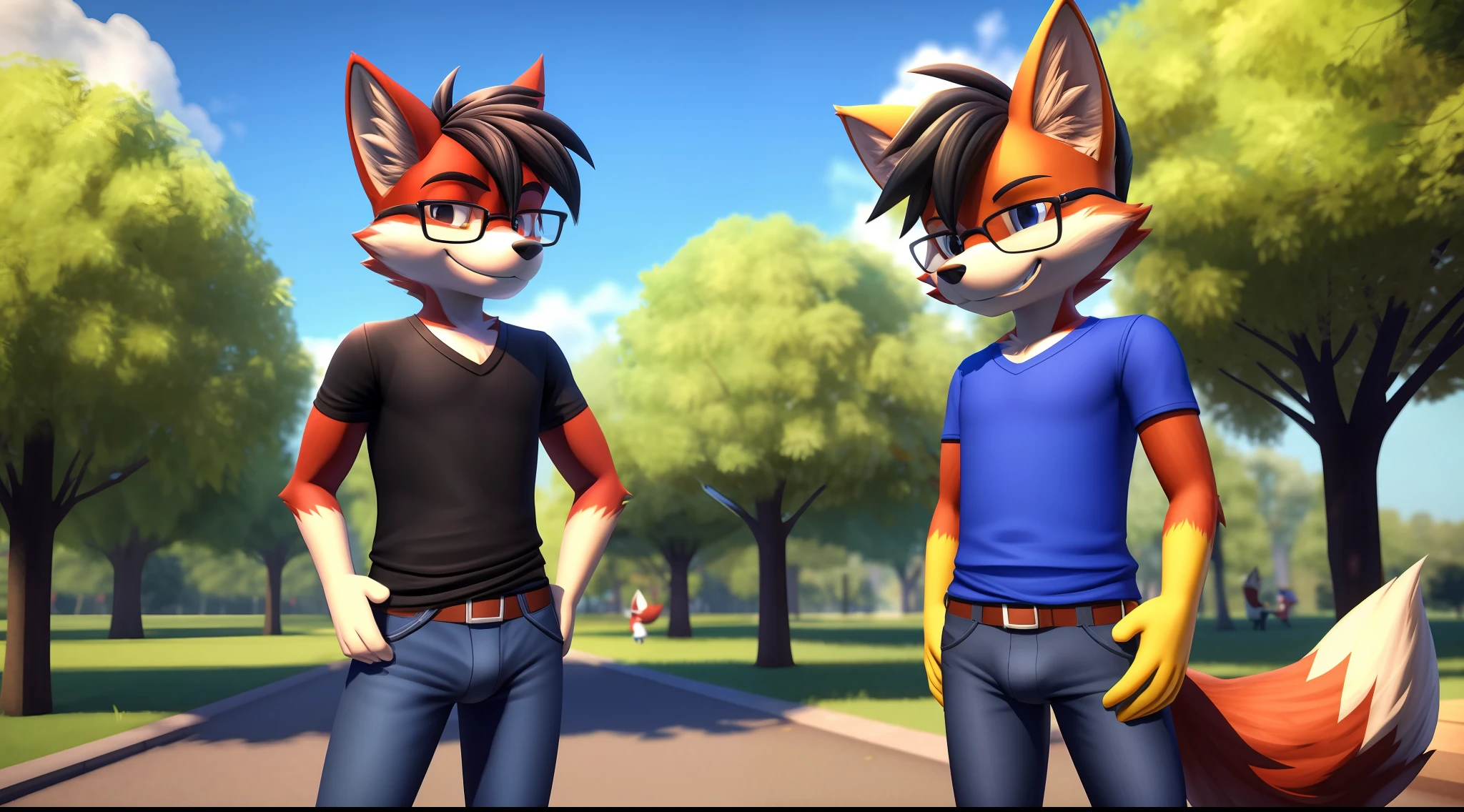 masterpiece, red furred wolf with black hair, male, wearing a blue shirt and jeans and glasses, small bulge, solo, no group, no double, smiling, no logo marked, no extra limbs, in the park, in the style of Miles Tails, 3D