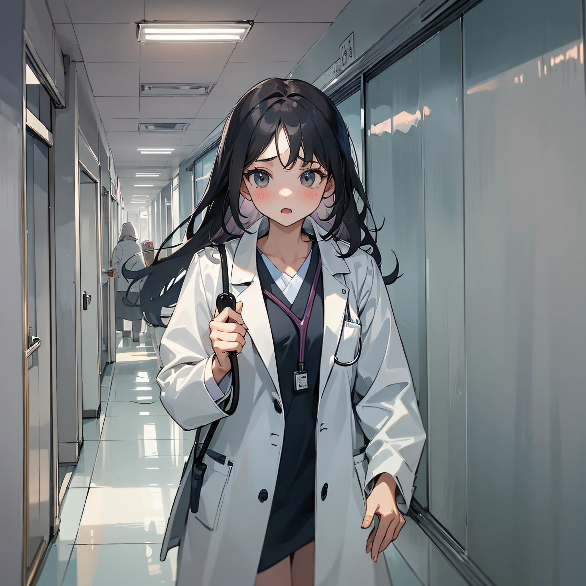 (Best Quality), High Detail, 1 Girl, (Doctor: 1.5), White Coat, Stethoscope, (Hospital: 1.2), Corridor, (Running: 1.5), Expression, (Emergency: 0.8),