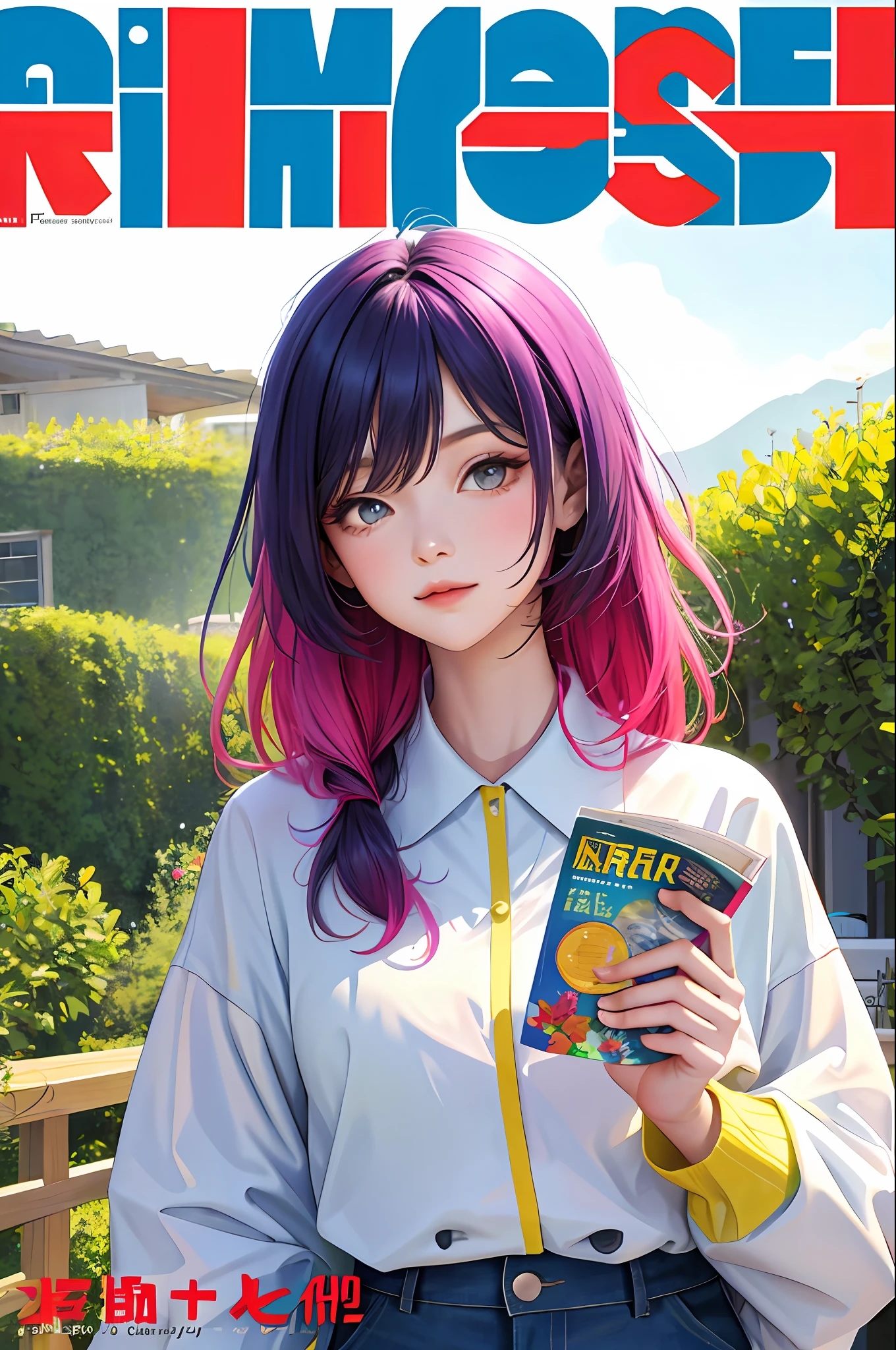 masterpiece, best quality, spring outfit, colorful hair, outdoor, magazine cover ,upper body,