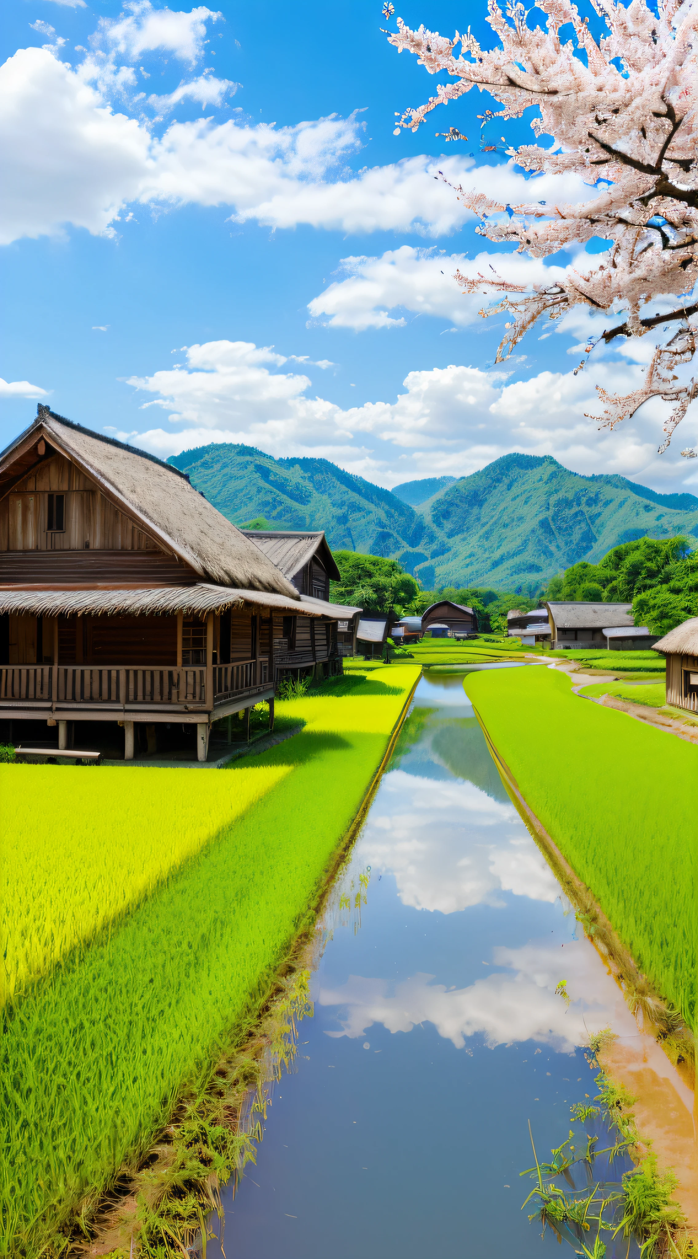 In summer, the small village of the hometown is beautiful, rice fields, dirt roads, streams, trees, peach blossoms, log cabins, blue sky and white clouds, super HD