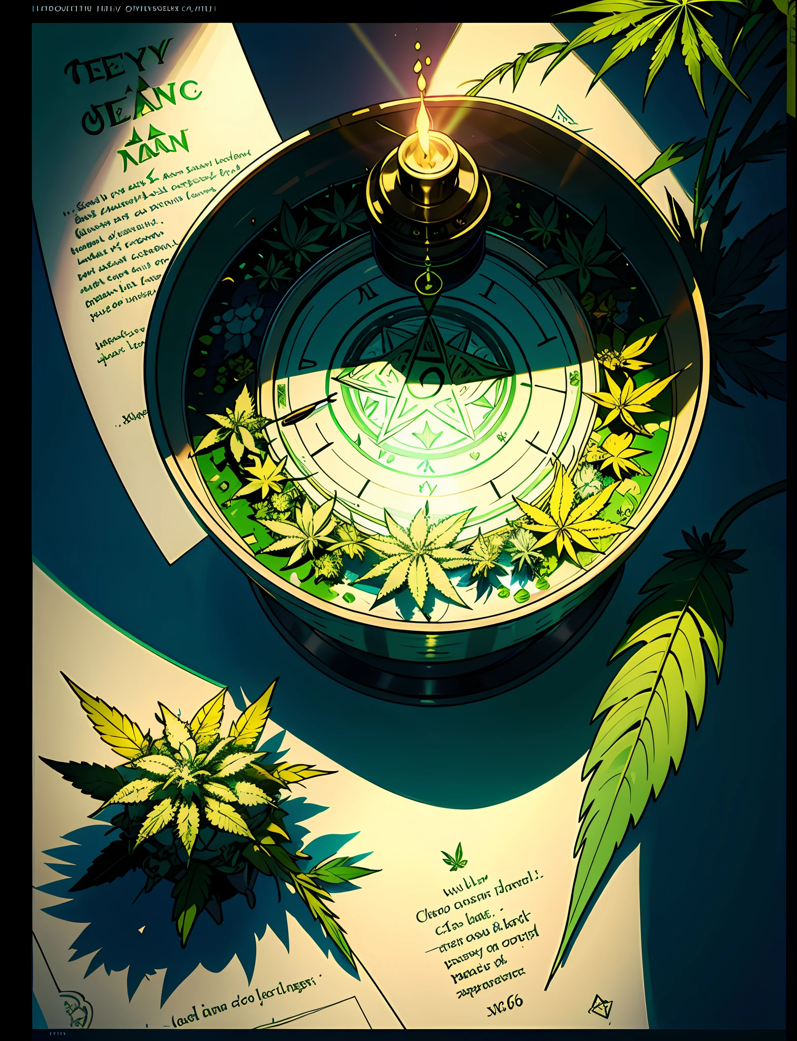 Hemp, leaf, marijuana, cannabis cone, ((illustration)), colorful, wallpaper, energy, secret, magical environment, magical environment, magic wand, books, pages flying in the sky, omniscience, prediction of the future, understanding the past, frost magic, warlock, magic circle, pentagram, spells, chant magic, long hair, --v 6